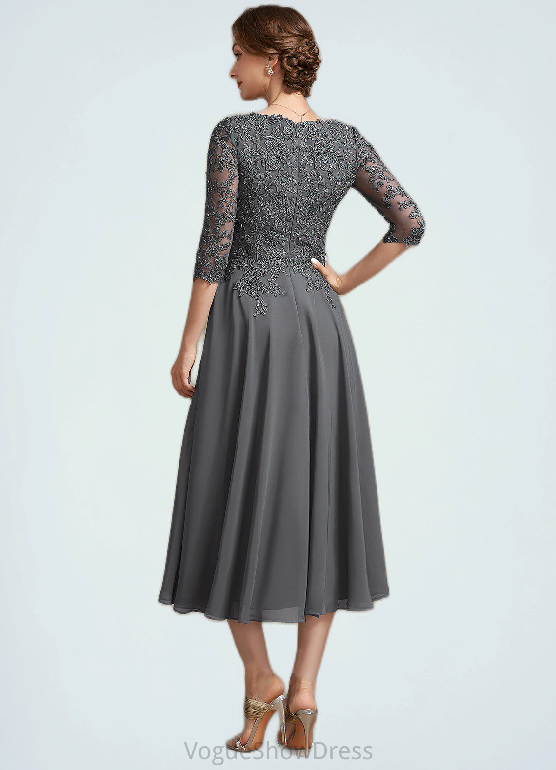 Izabella A-line V-Neck Tea-Length Chiffon Lace Mother of the Bride Dress With Beading Sequins DL126P0014702