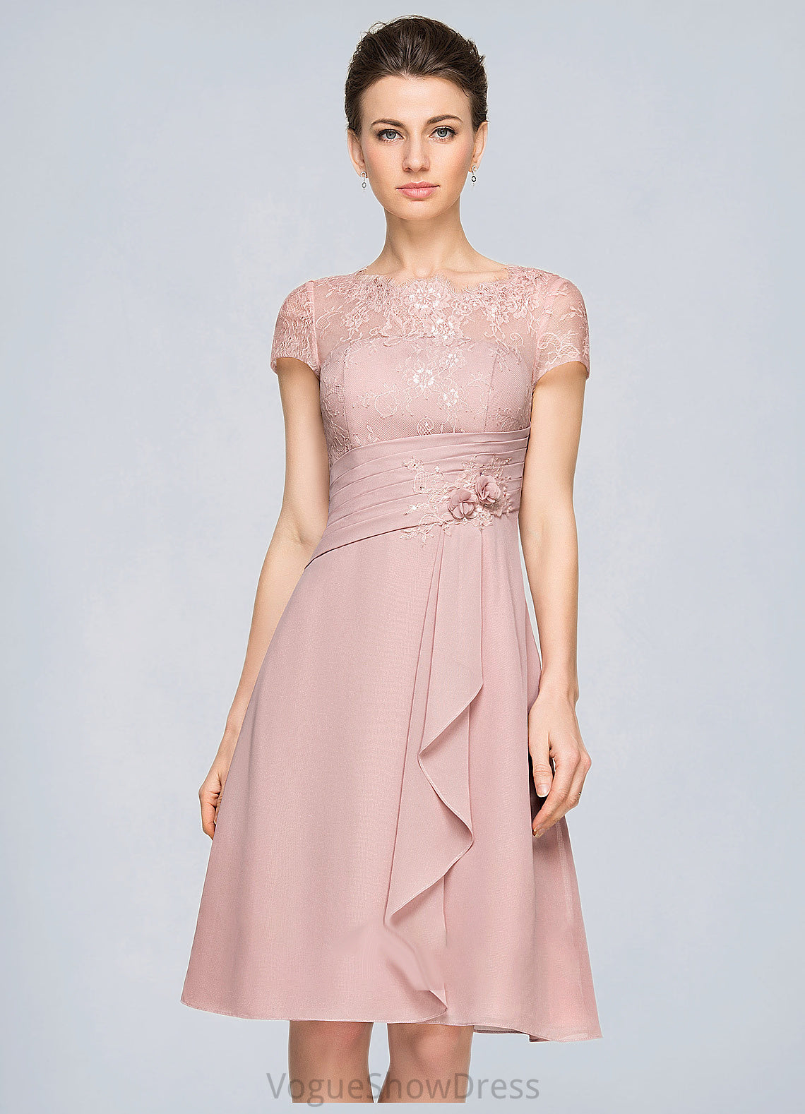 Frida A-Line Scoop Neck Knee-Length Chiffon Lace Mother of the Bride Dress With Beading Flower(s) Sequins Cascading Ruffles DL126P0014704