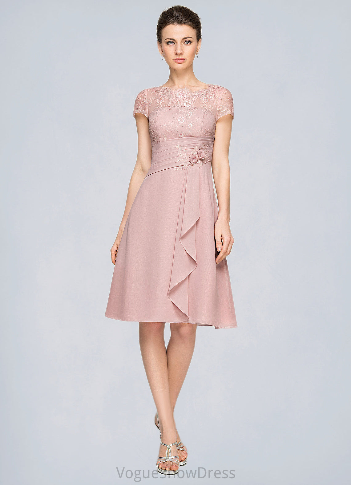 Frida A-Line Scoop Neck Knee-Length Chiffon Lace Mother of the Bride Dress With Beading Flower(s) Sequins Cascading Ruffles DL126P0014704