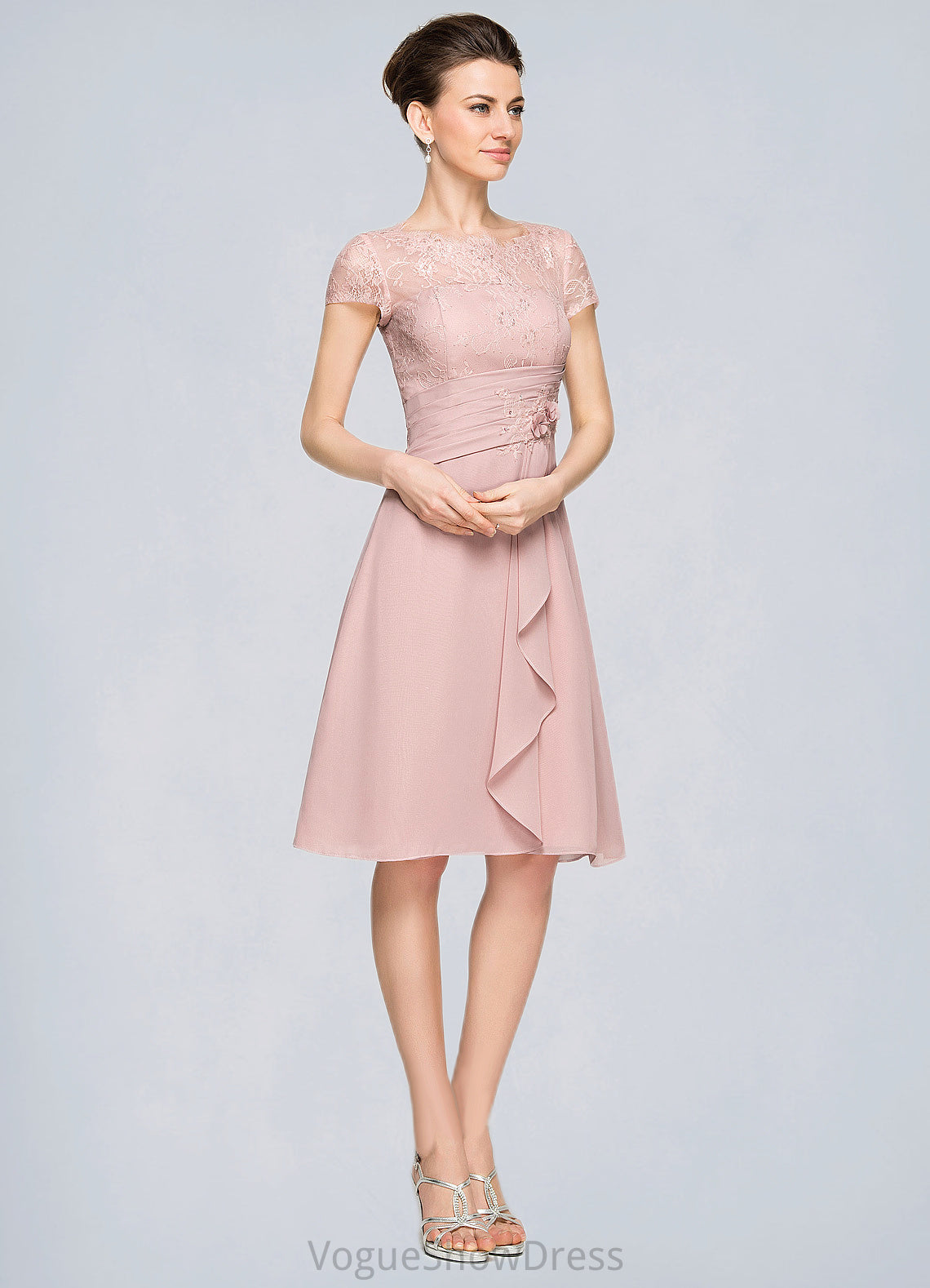 Frida A-Line Scoop Neck Knee-Length Chiffon Lace Mother of the Bride Dress With Beading Flower(s) Sequins Cascading Ruffles DL126P0014704