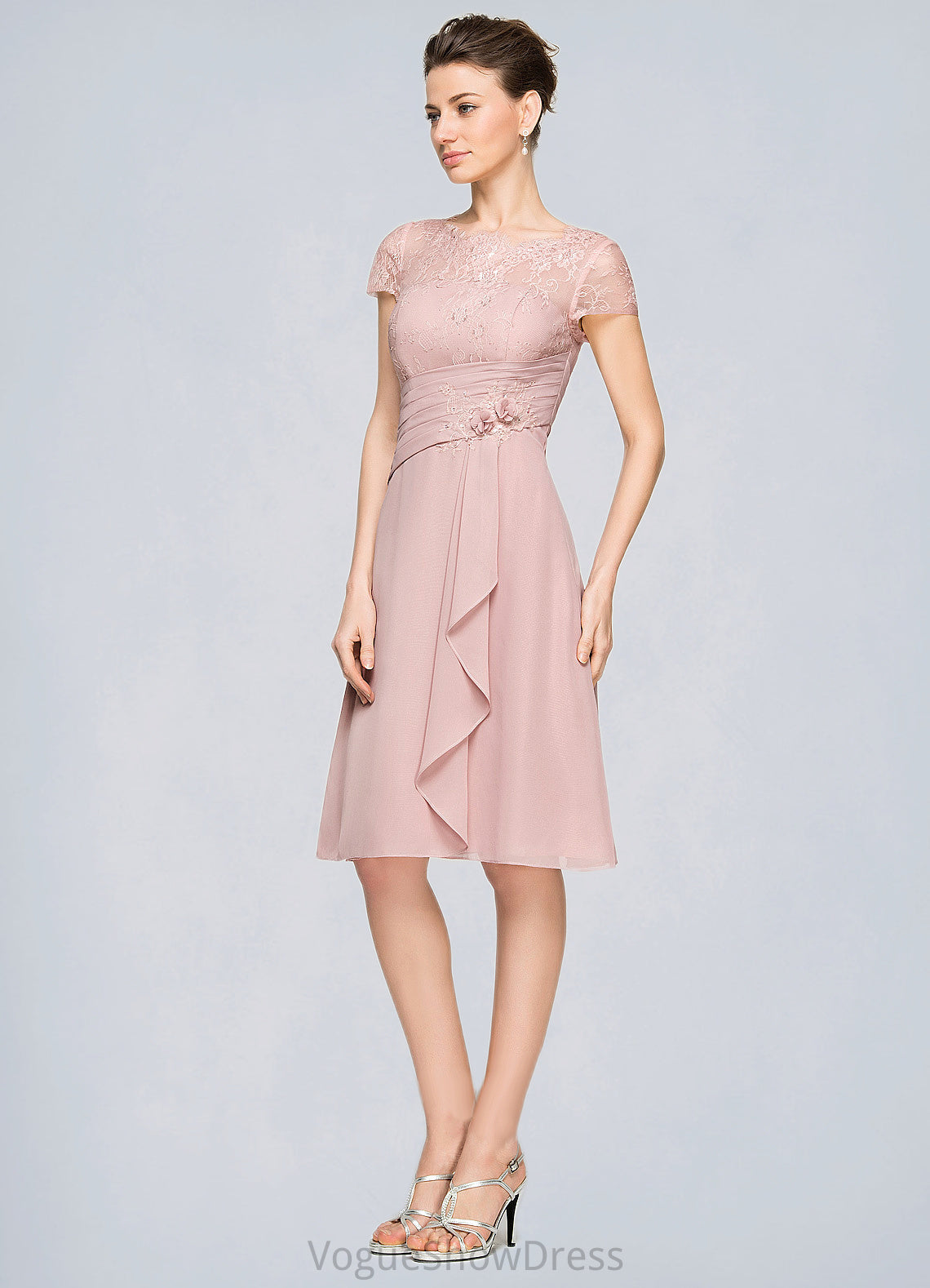 Frida A-Line Scoop Neck Knee-Length Chiffon Lace Mother of the Bride Dress With Beading Flower(s) Sequins Cascading Ruffles DL126P0014704