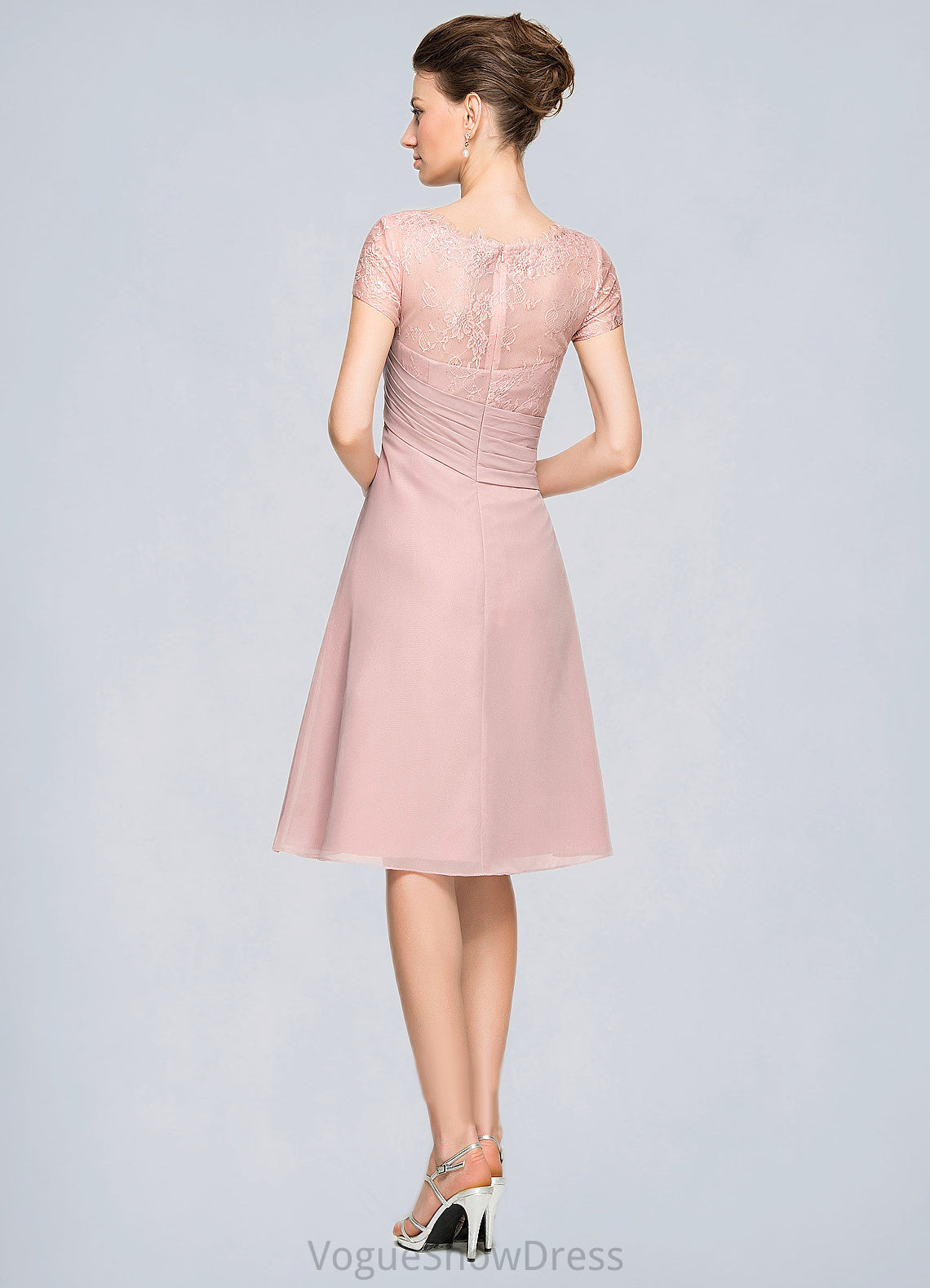 Frida A-Line Scoop Neck Knee-Length Chiffon Lace Mother of the Bride Dress With Beading Flower(s) Sequins Cascading Ruffles DL126P0014704