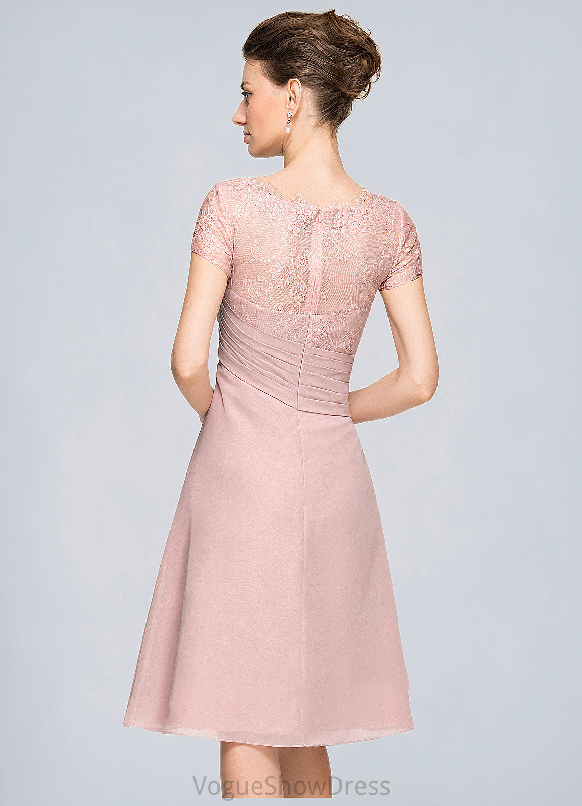 Frida A-Line Scoop Neck Knee-Length Chiffon Lace Mother of the Bride Dress With Beading Flower(s) Sequins Cascading Ruffles DL126P0014704