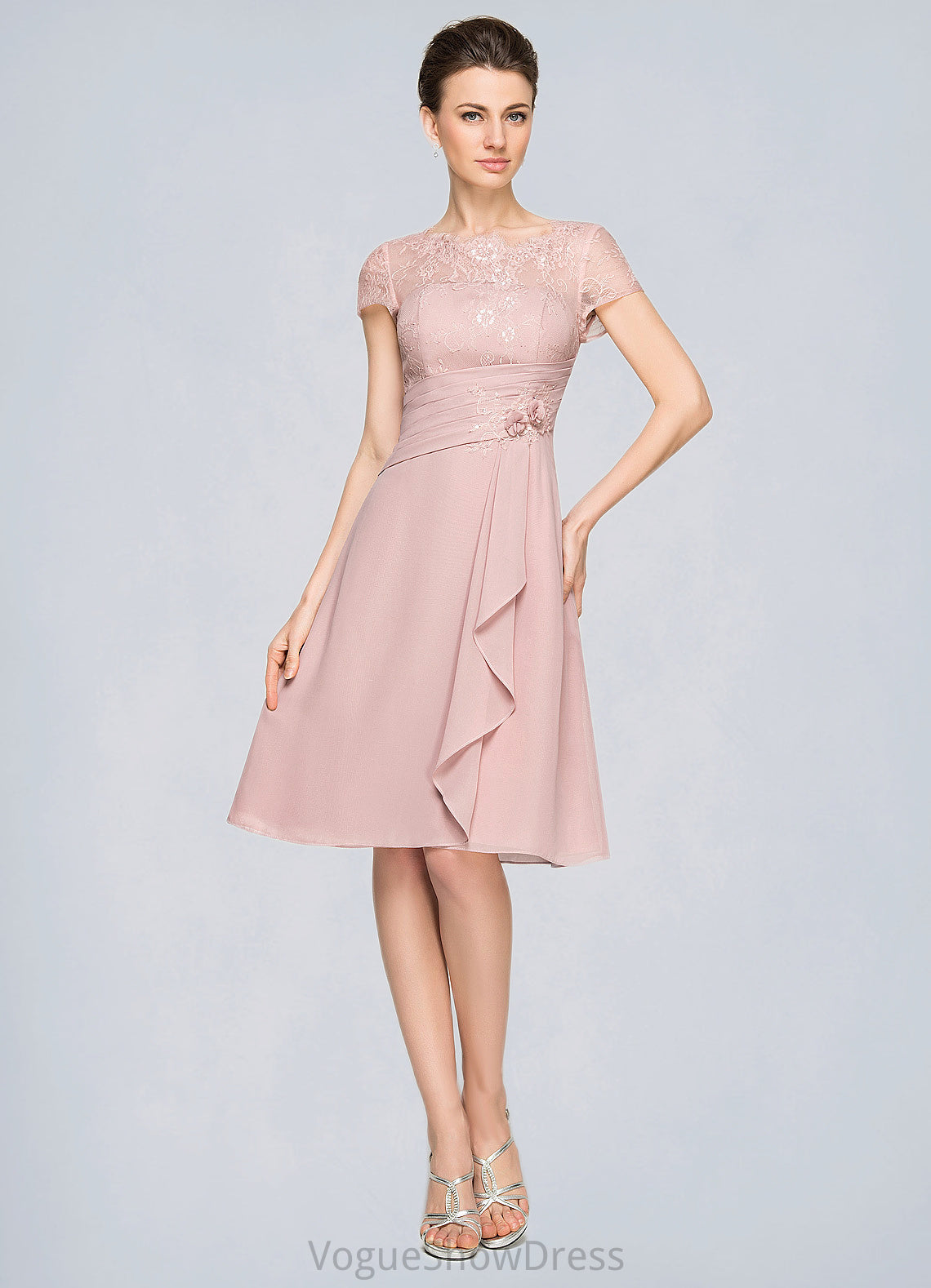 Frida A-Line Scoop Neck Knee-Length Chiffon Lace Mother of the Bride Dress With Beading Flower(s) Sequins Cascading Ruffles DL126P0014704