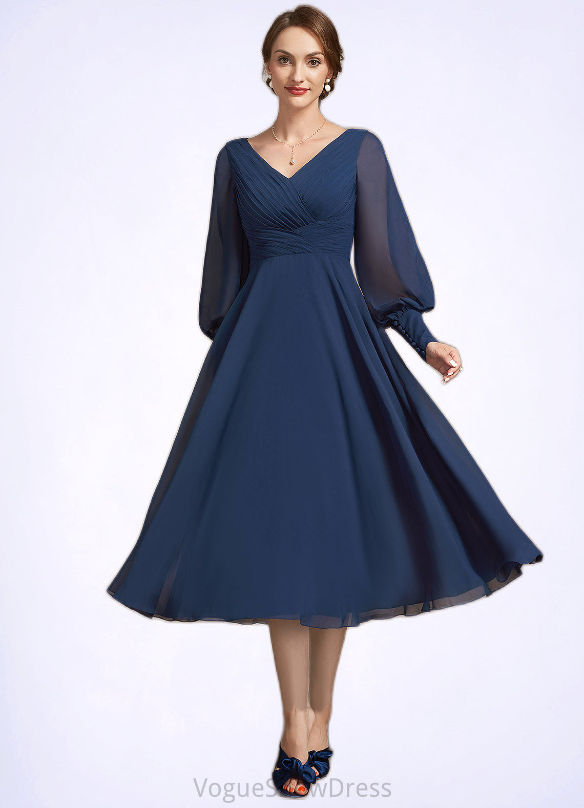 Kaylie A-Line V-neck Tea-Length Chiffon Mother of the Bride Dress With Ruffle DL126P0014707