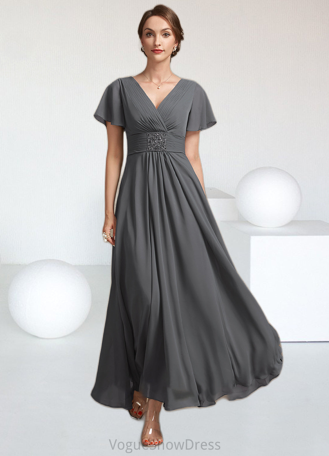 Peyton A-Line V-neck Ankle-Length Chiffon Mother of the Bride Dress With Ruffle Beading DL126P0014709