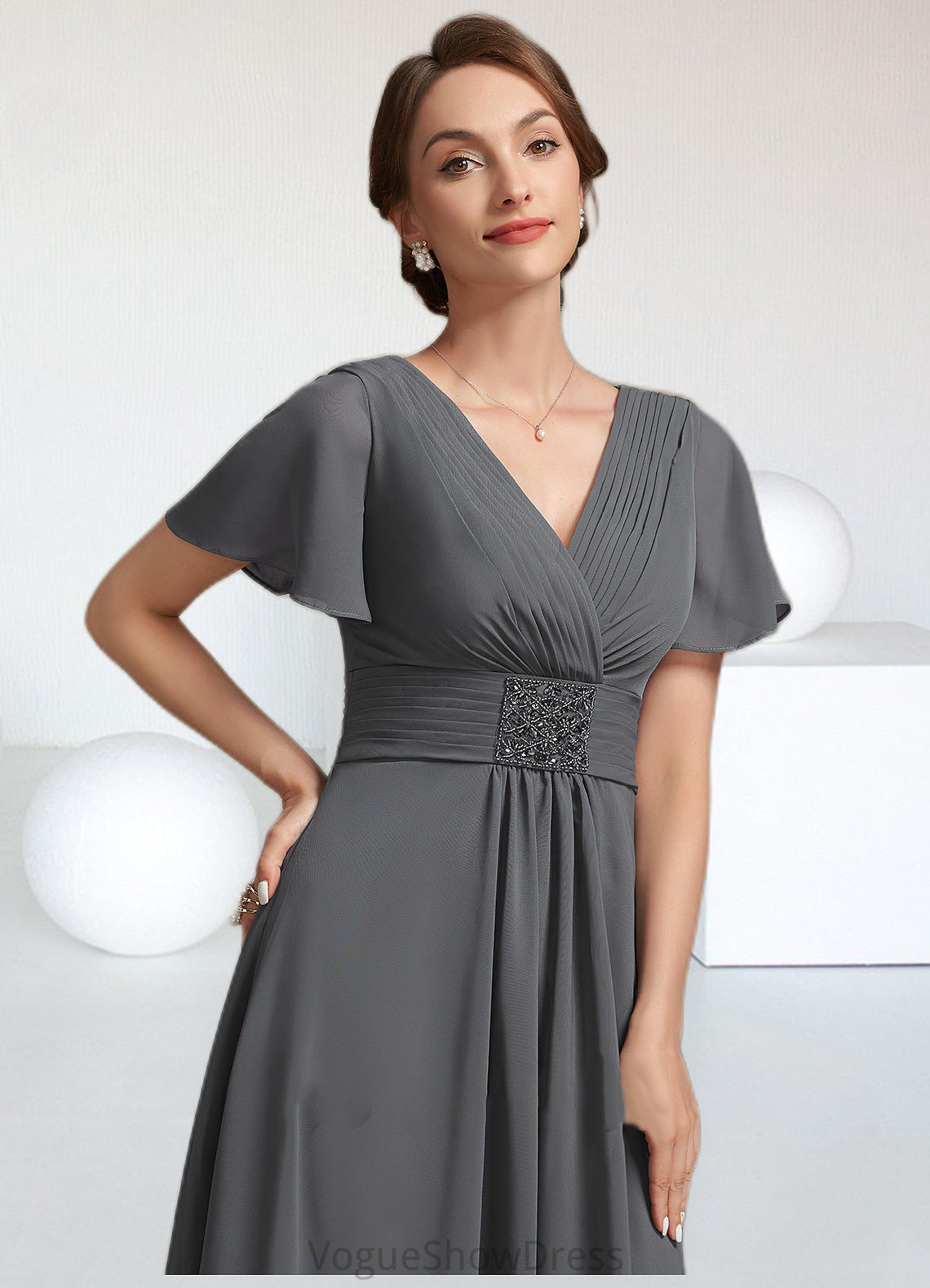 Peyton A-Line V-neck Ankle-Length Chiffon Mother of the Bride Dress With Ruffle Beading DL126P0014709