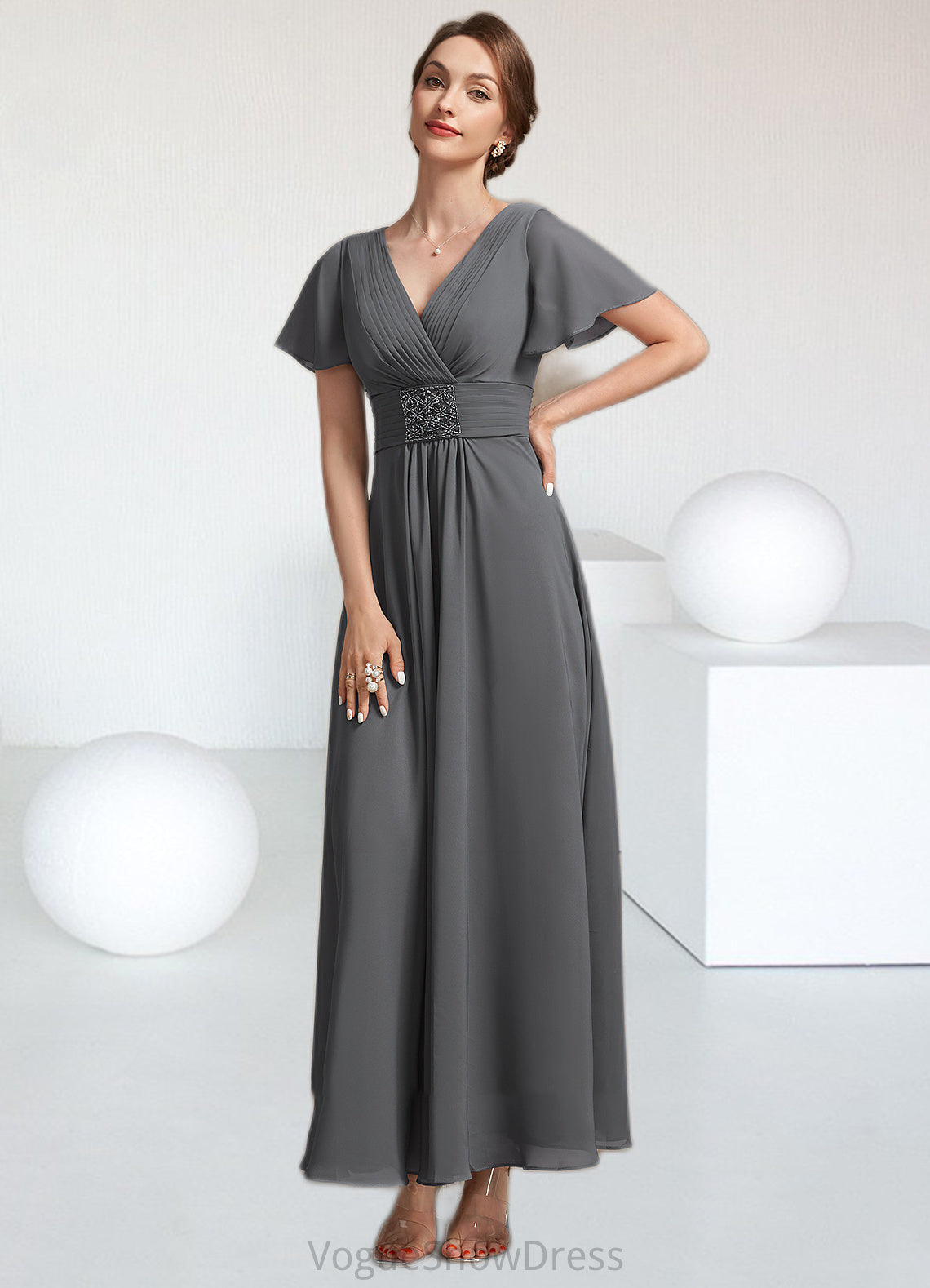 Peyton A-Line V-neck Ankle-Length Chiffon Mother of the Bride Dress With Ruffle Beading DL126P0014709