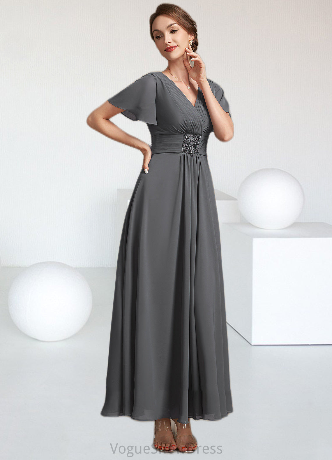 Peyton A-Line V-neck Ankle-Length Chiffon Mother of the Bride Dress With Ruffle Beading DL126P0014709