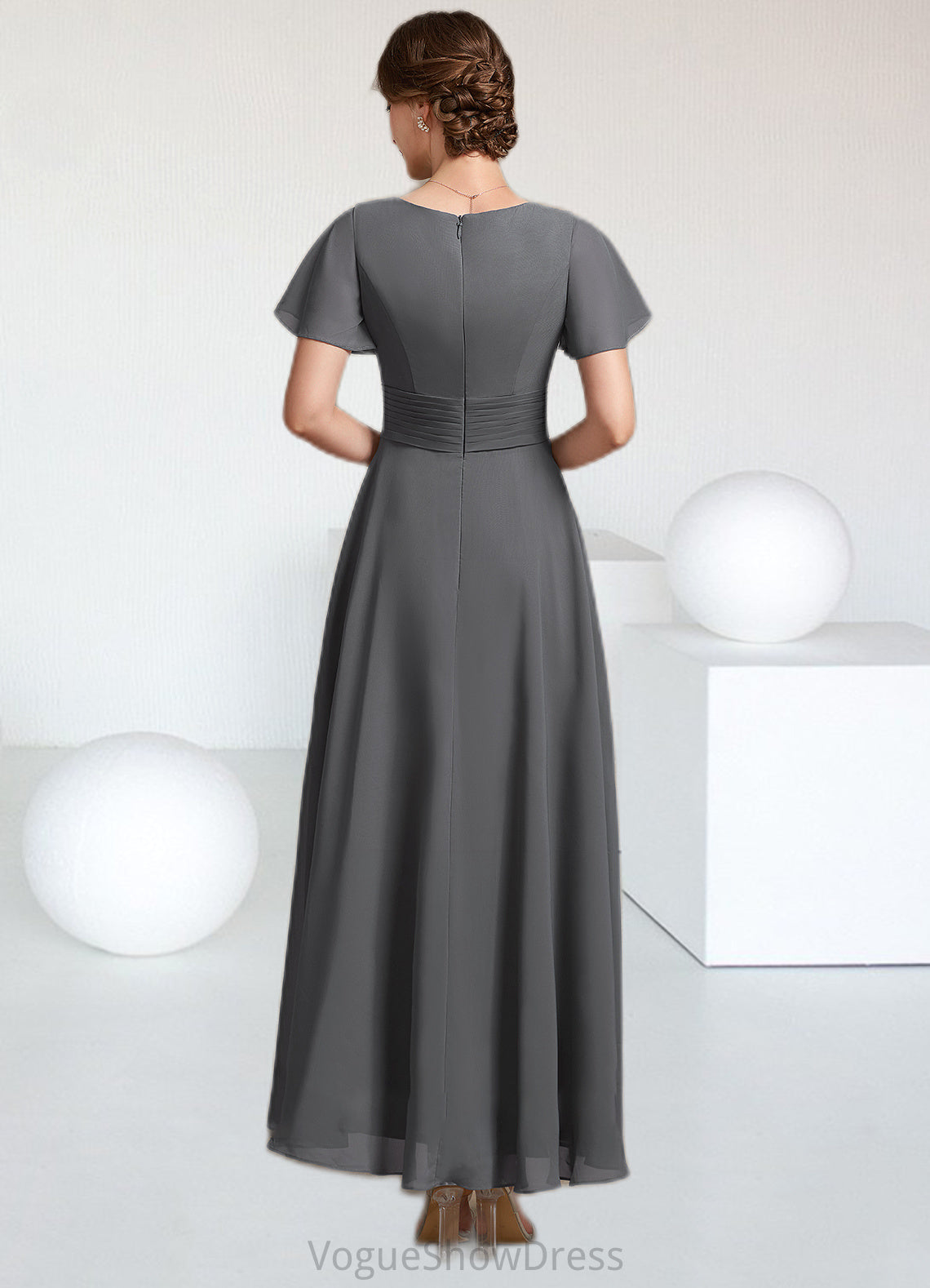 Peyton A-Line V-neck Ankle-Length Chiffon Mother of the Bride Dress With Ruffle Beading DL126P0014709