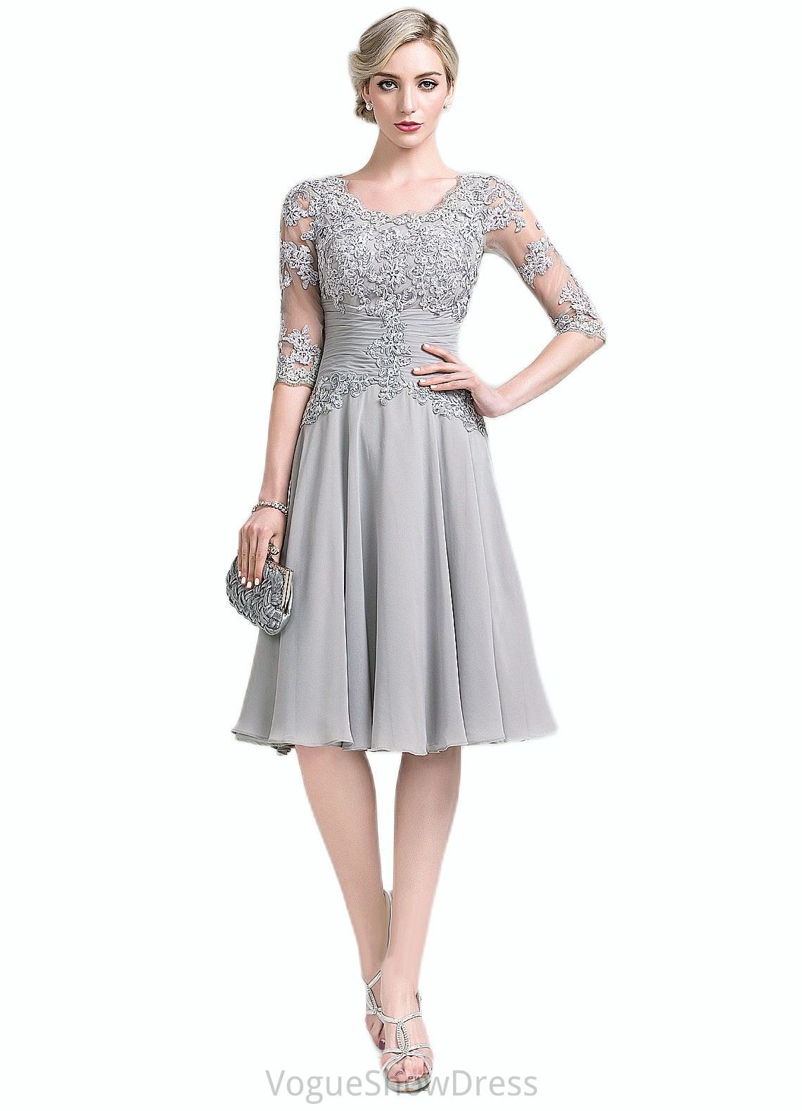 Amara A-Line Scoop Neck Knee-Length Chiffon Mother of the Bride Dress With Ruffle Appliques Lace DL126P0014715