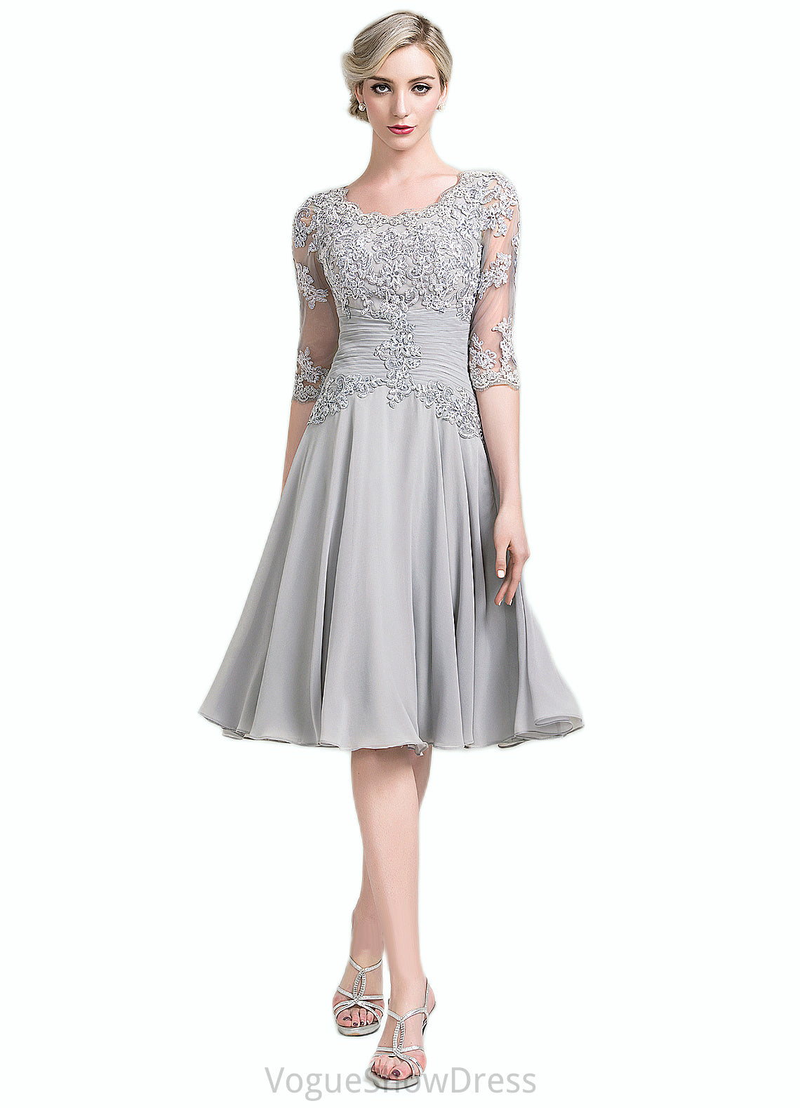 Amara A-Line Scoop Neck Knee-Length Chiffon Mother of the Bride Dress With Ruffle Appliques Lace DL126P0014715