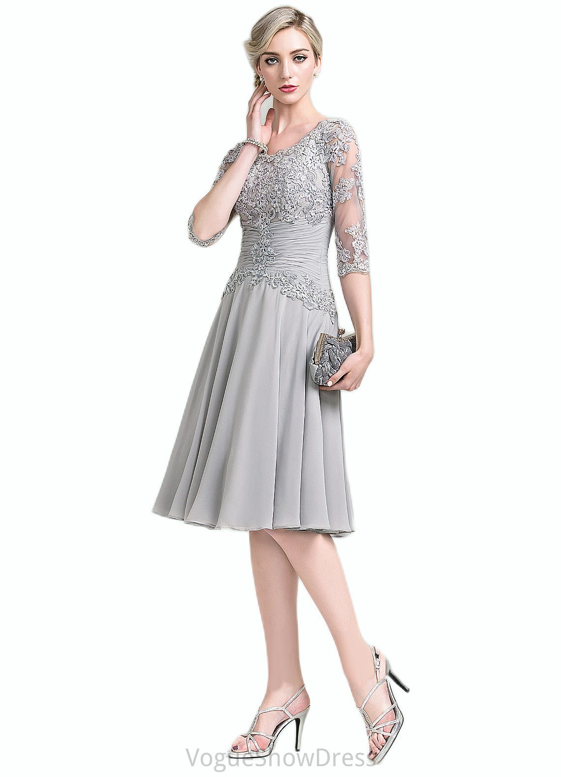 Amara A-Line Scoop Neck Knee-Length Chiffon Mother of the Bride Dress With Ruffle Appliques Lace DL126P0014715