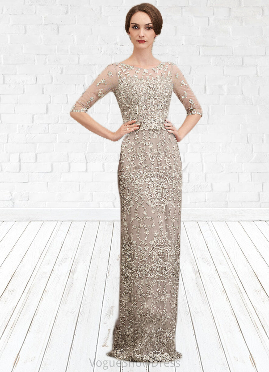 Sadie Sheath/Column Scoop Neck Sweep Train Chiffon Lace Mother of the Bride Dress DL126P0014716