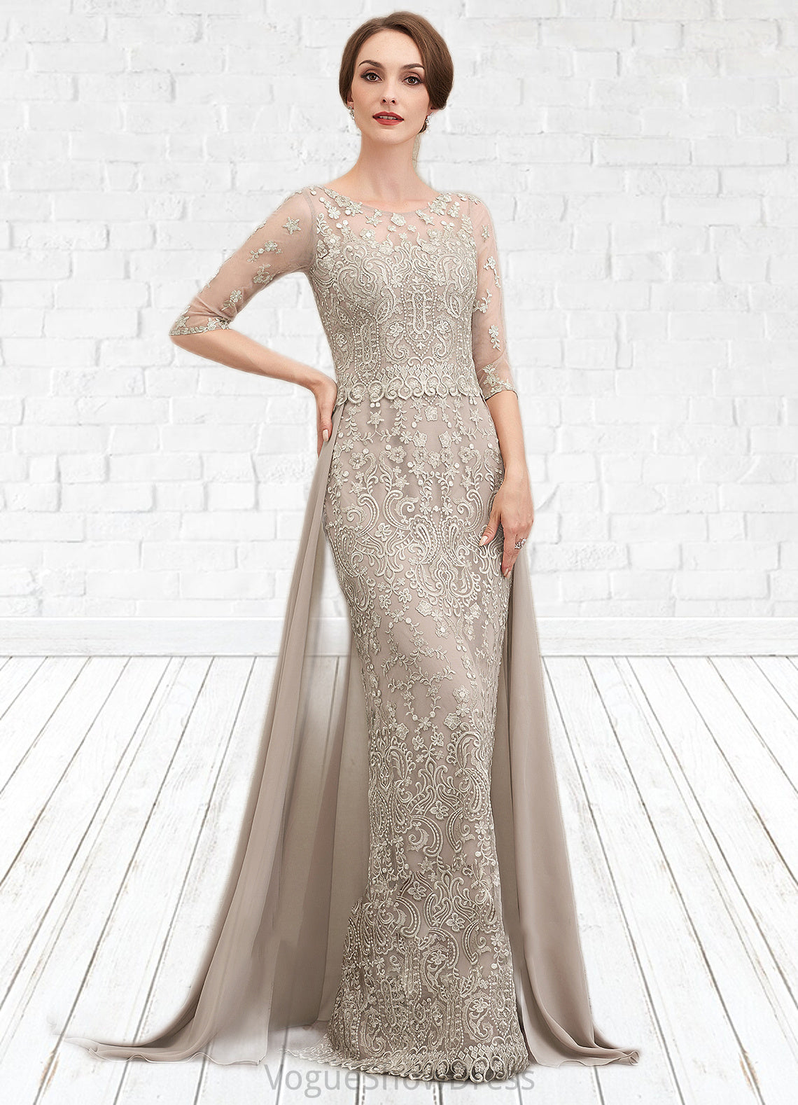 Sadie Sheath/Column Scoop Neck Sweep Train Chiffon Lace Mother of the Bride Dress DL126P0014716