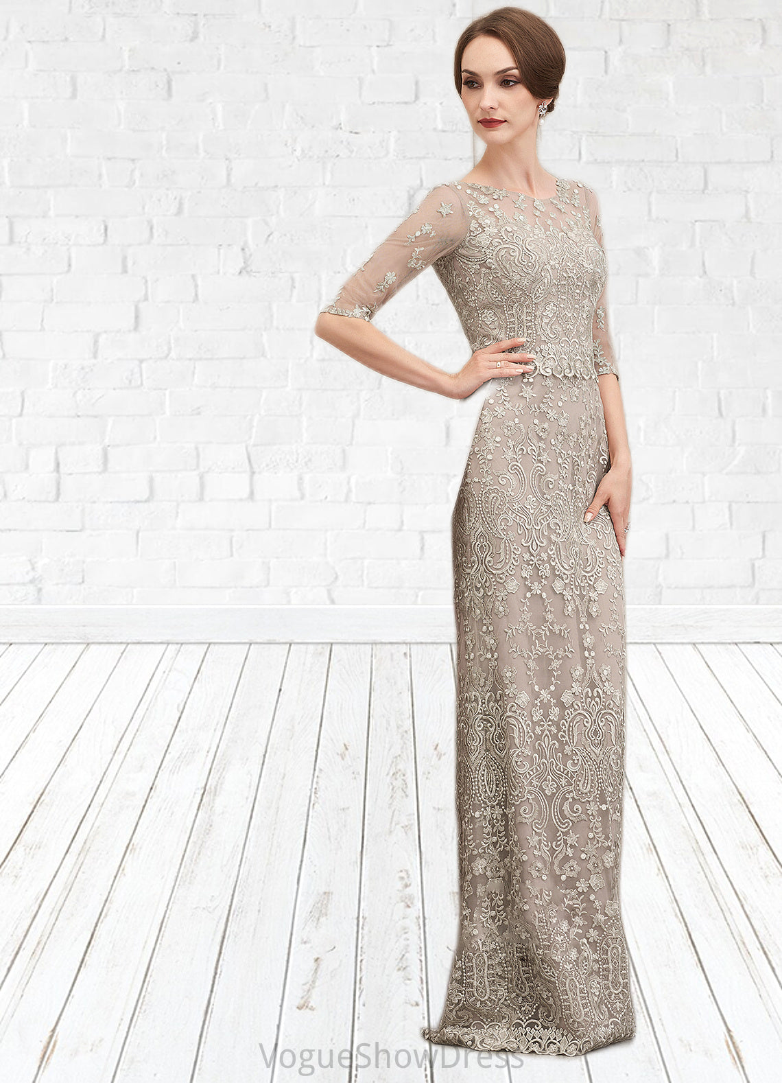 Sadie Sheath/Column Scoop Neck Sweep Train Chiffon Lace Mother of the Bride Dress DL126P0014716