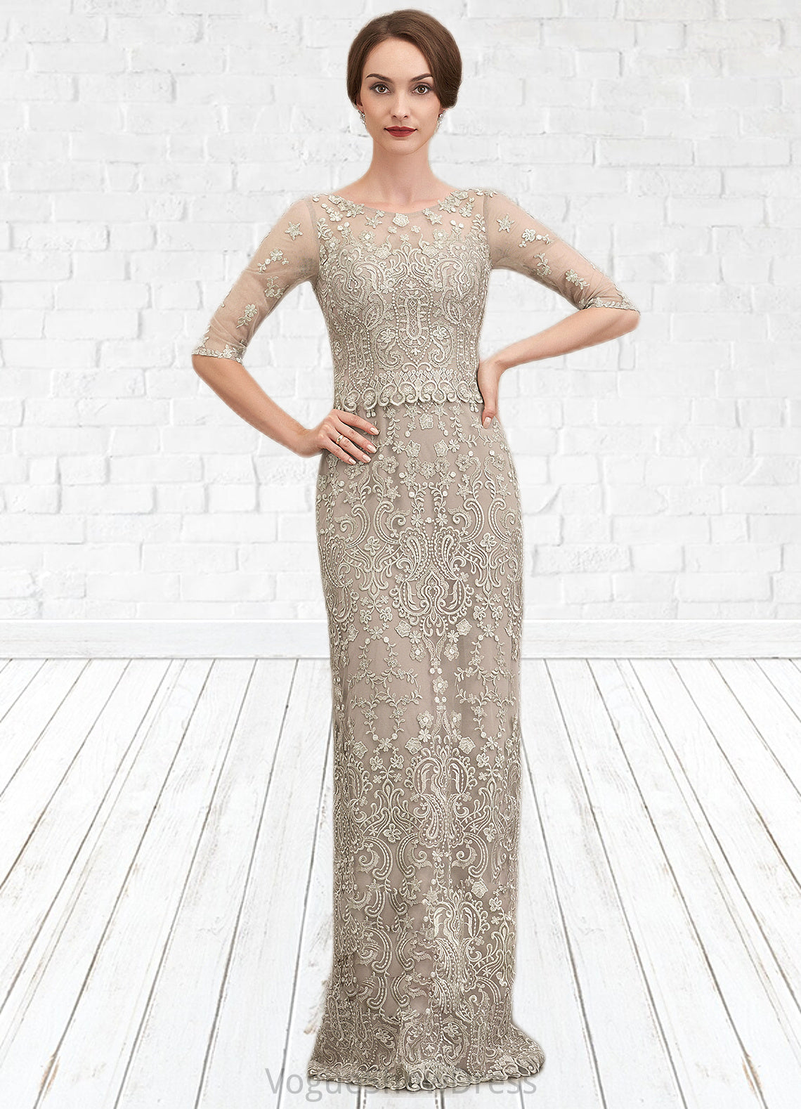 Sadie Sheath/Column Scoop Neck Sweep Train Chiffon Lace Mother of the Bride Dress DL126P0014716