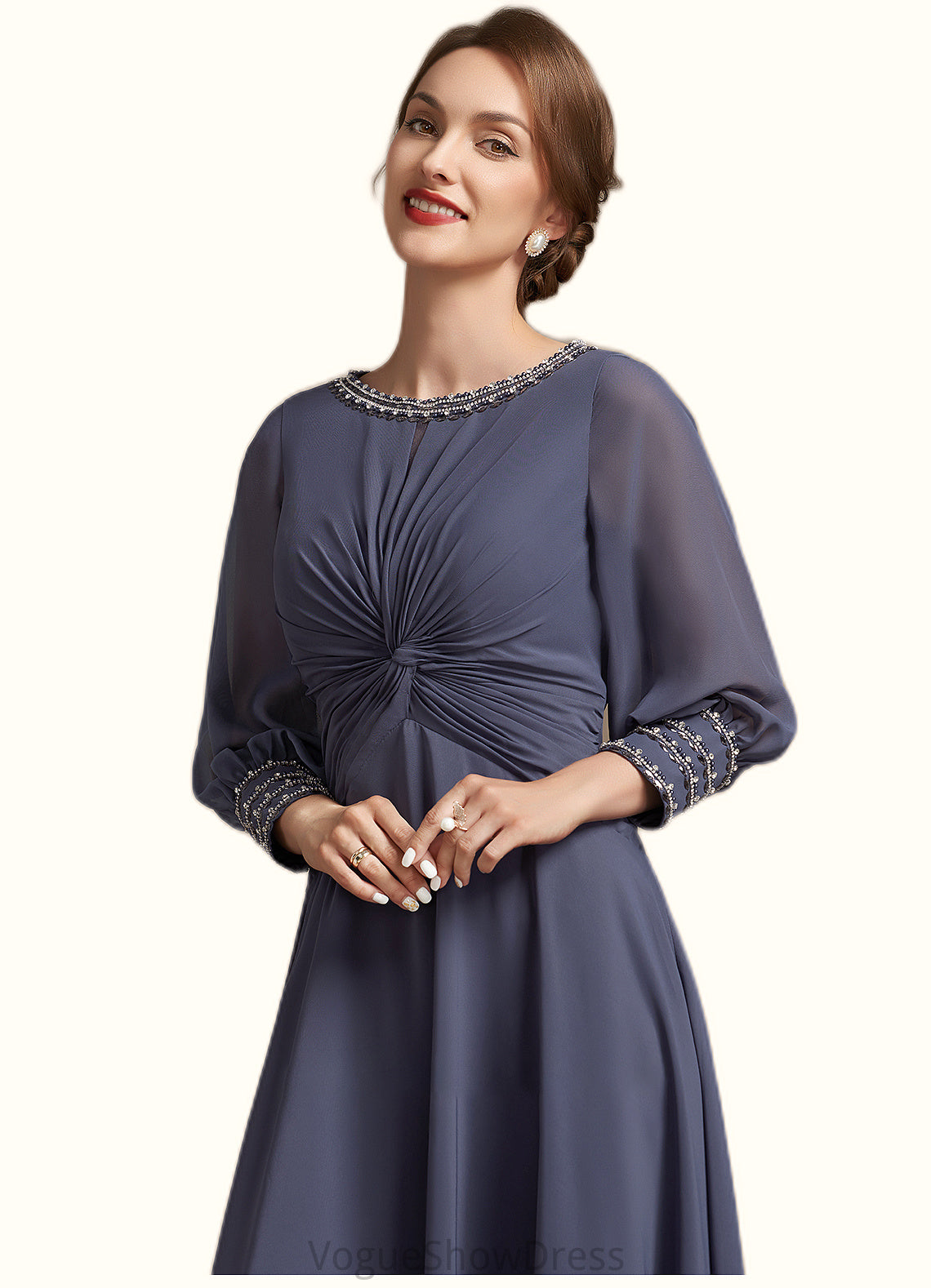 Leanna A-Line Scoop Neck Tea-Length Chiffon Mother of the Bride Dress With Ruffle Beading DL126P0014718