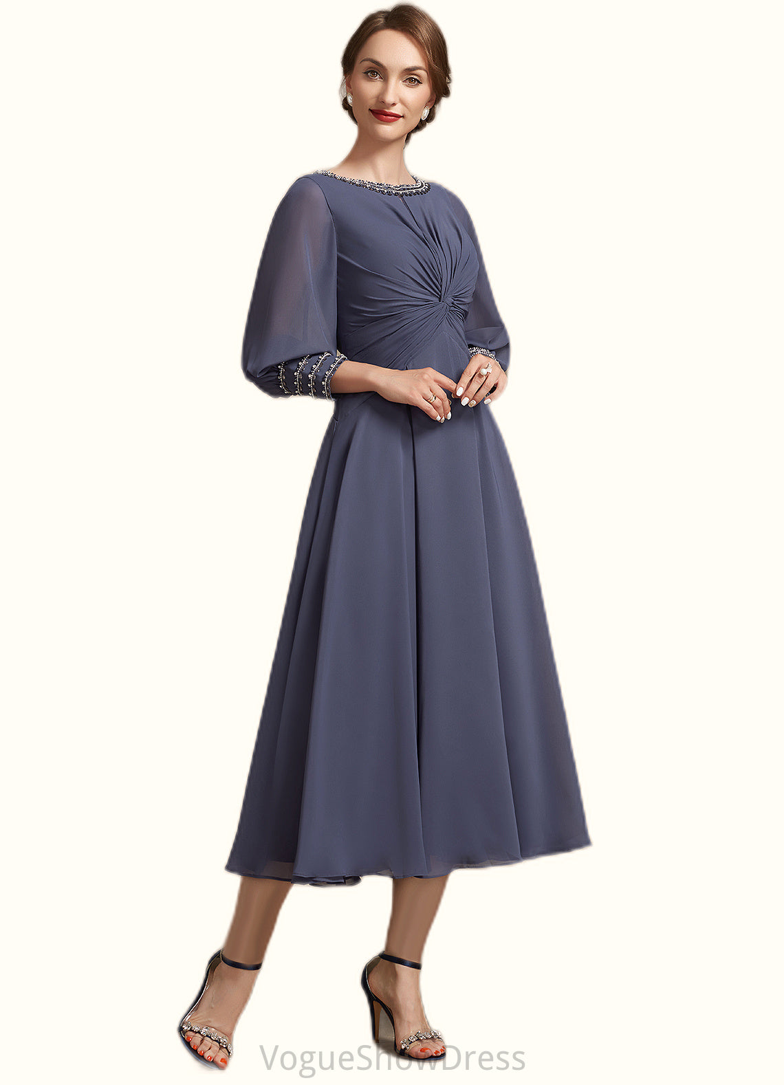 Leanna A-Line Scoop Neck Tea-Length Chiffon Mother of the Bride Dress With Ruffle Beading DL126P0014718