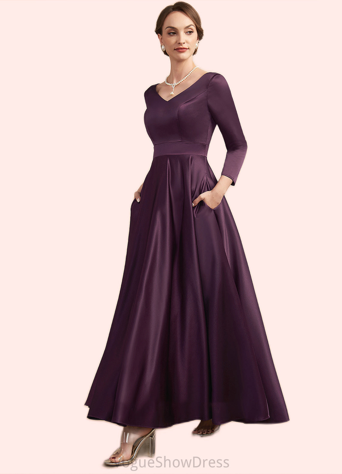 Genevieve A-Line V-neck Ankle-Length Satin Mother of the Bride Dress With Pockets DL126P0014720