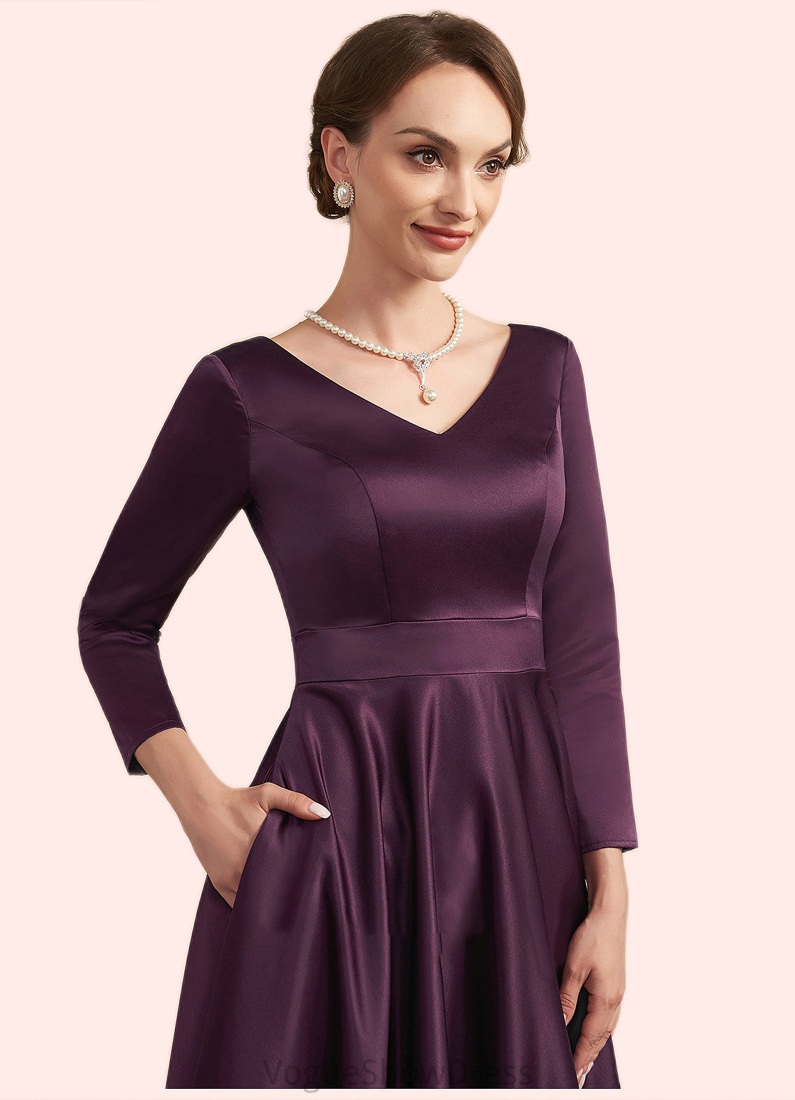 Genevieve A-Line V-neck Ankle-Length Satin Mother of the Bride Dress With Pockets DL126P0014720