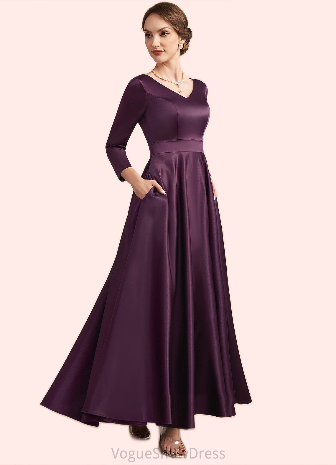 Genevieve A-Line V-neck Ankle-Length Satin Mother of the Bride Dress With Pockets DL126P0014720