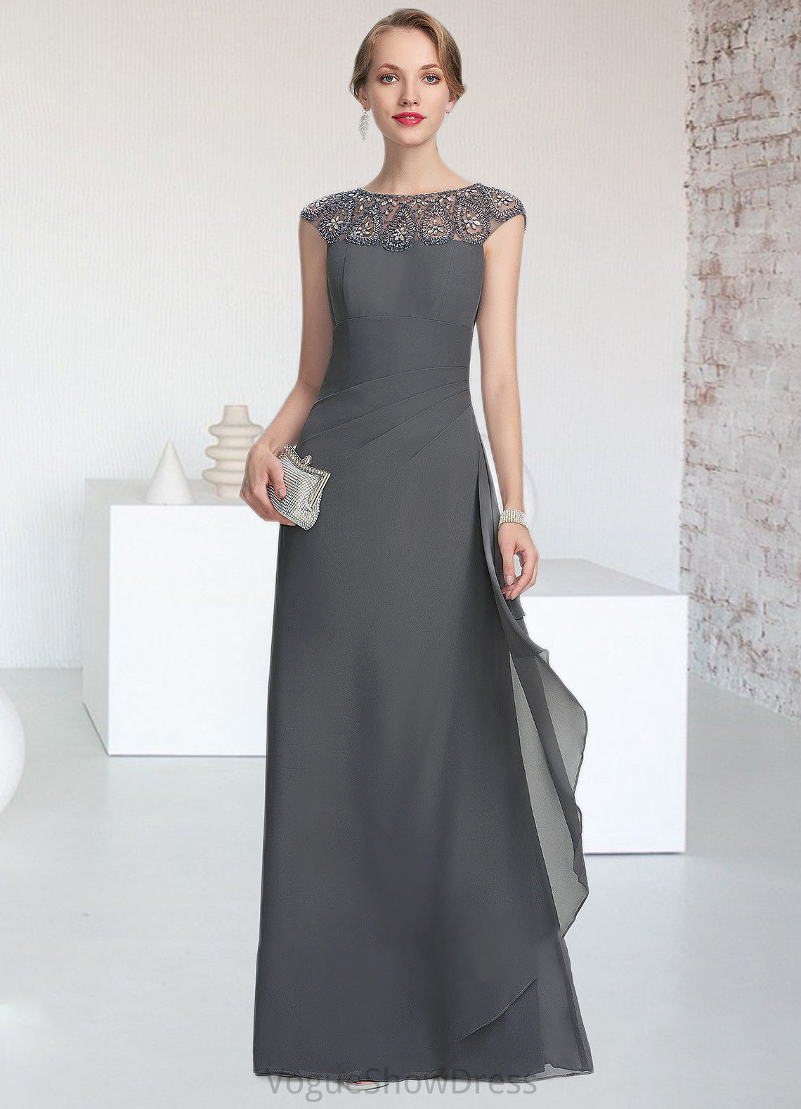 Belen A-Line Scoop Neck Floor-Length Chiffon Mother of the Bride Dress With Beading Sequins Cascading Ruffles DL126P0014721