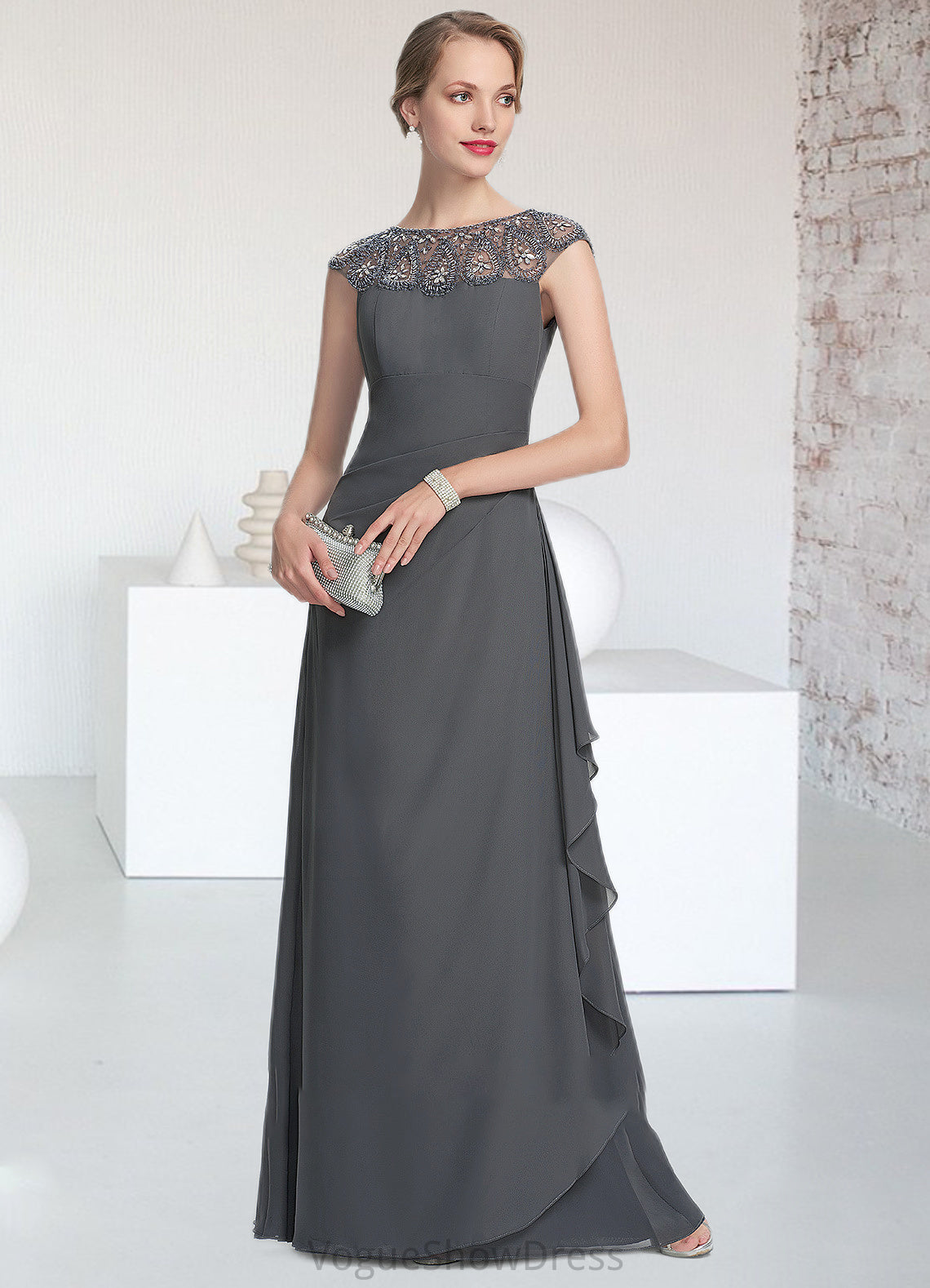 Belen A-Line Scoop Neck Floor-Length Chiffon Mother of the Bride Dress With Beading Sequins Cascading Ruffles DL126P0014721