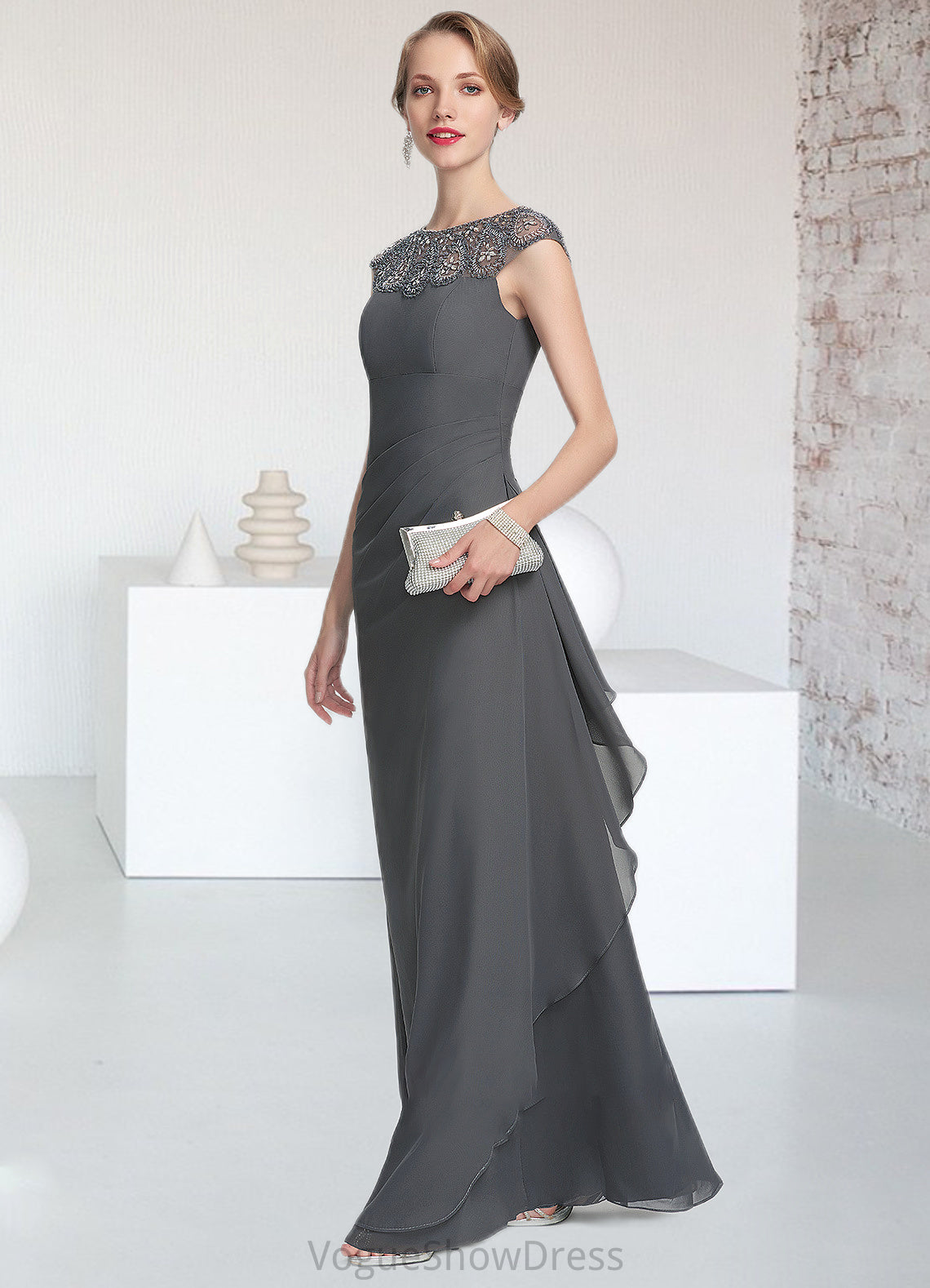 Belen A-Line Scoop Neck Floor-Length Chiffon Mother of the Bride Dress With Beading Sequins Cascading Ruffles DL126P0014721