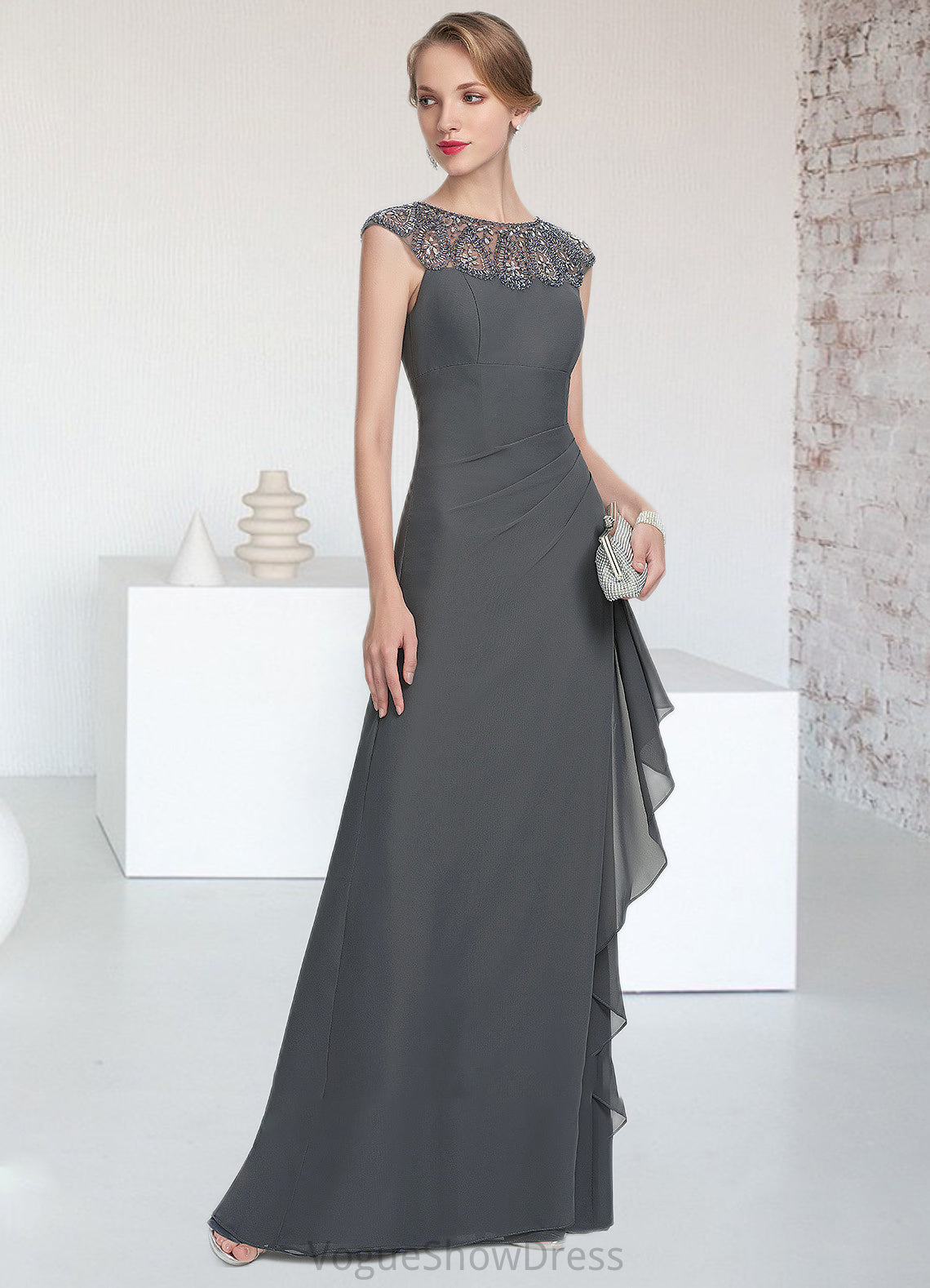 Belen A-Line Scoop Neck Floor-Length Chiffon Mother of the Bride Dress With Beading Sequins Cascading Ruffles DL126P0014721