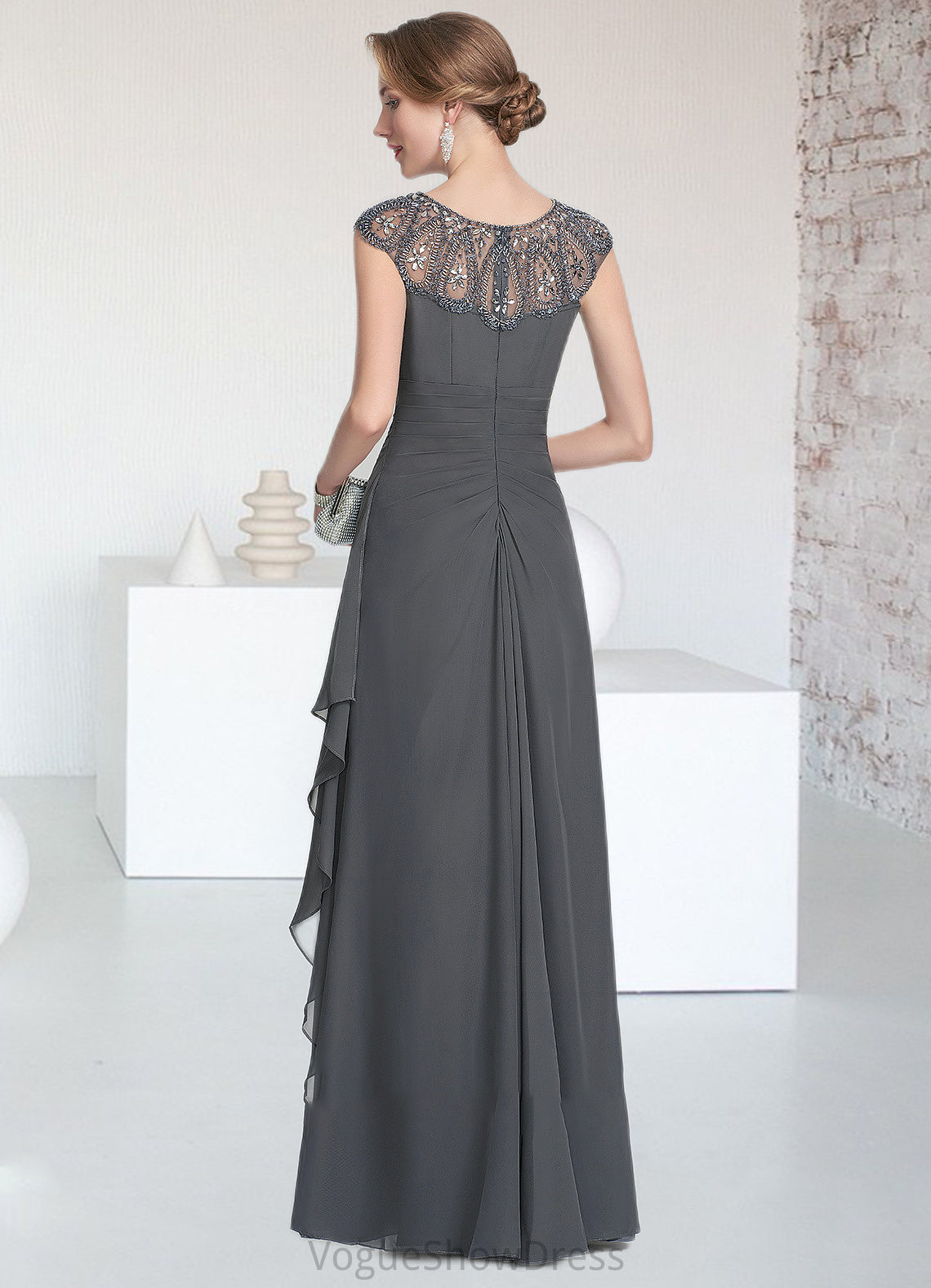 Belen A-Line Scoop Neck Floor-Length Chiffon Mother of the Bride Dress With Beading Sequins Cascading Ruffles DL126P0014721