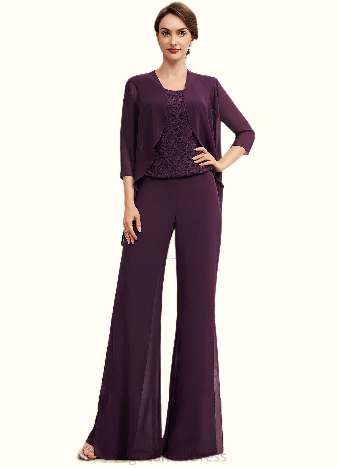 Rylee Jumpsuit/Pantsuit Scoop Neck Floor-Length Chiffon Lace Mother of the Bride Dress DL126P0014722