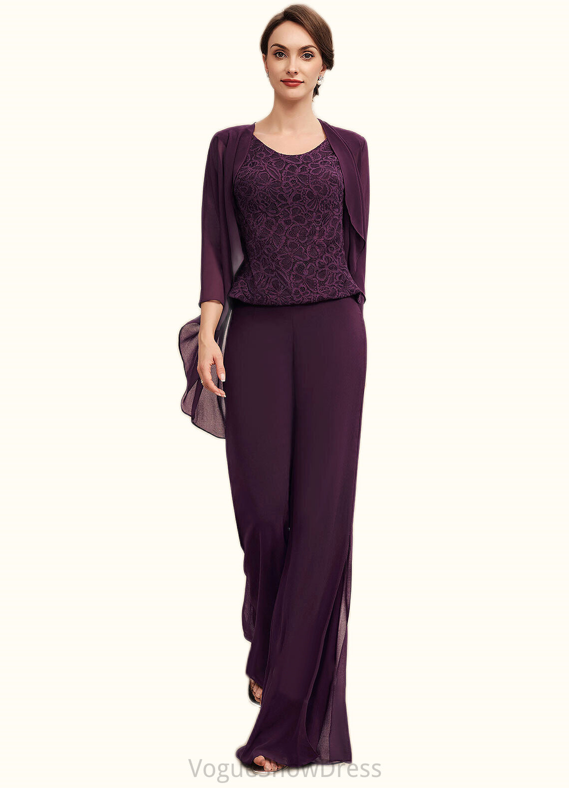 Rylee Jumpsuit/Pantsuit Scoop Neck Floor-Length Chiffon Lace Mother of the Bride Dress DL126P0014722