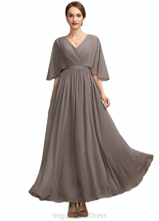 Samantha A-Line V-neck Ankle-Length Chiffon Mother of the Bride Dress With Ruffle Beading DL126P0014723