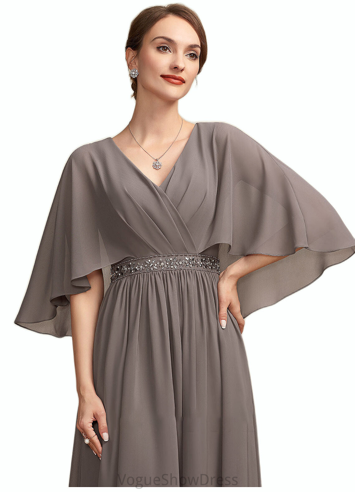 Samantha A-Line V-neck Ankle-Length Chiffon Mother of the Bride Dress With Ruffle Beading DL126P0014723