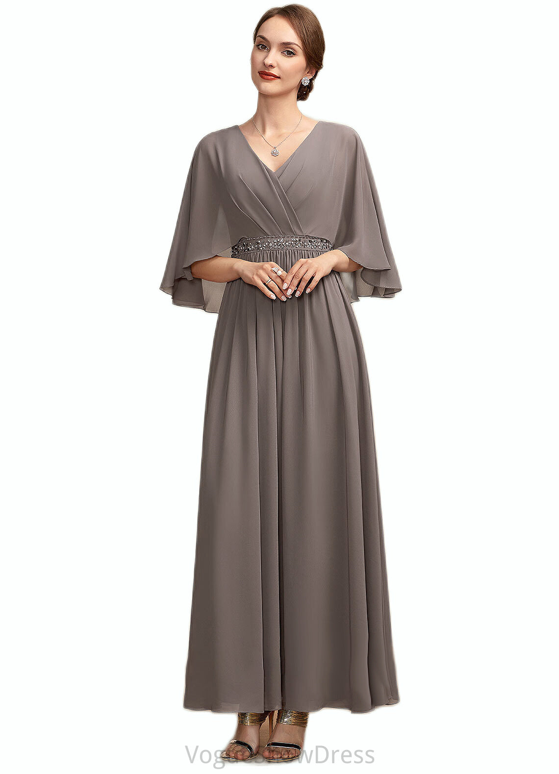 Samantha A-Line V-neck Ankle-Length Chiffon Mother of the Bride Dress With Ruffle Beading DL126P0014723