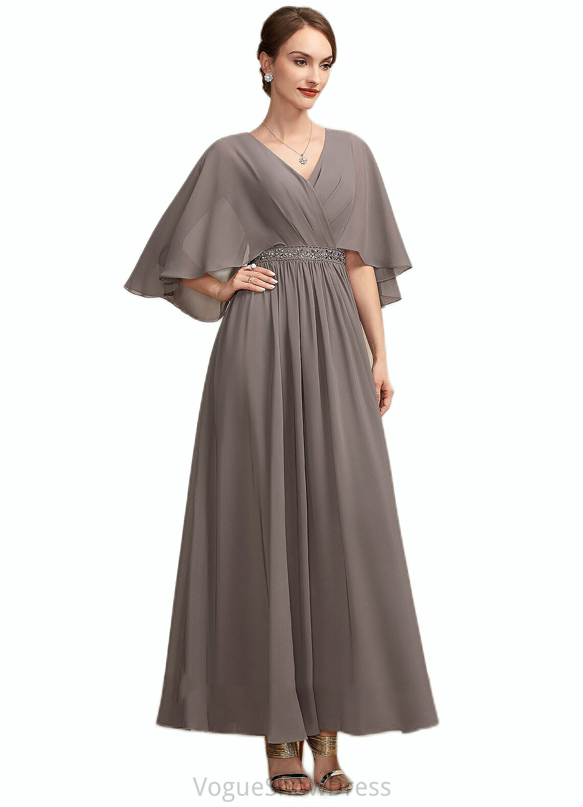 Samantha A-Line V-neck Ankle-Length Chiffon Mother of the Bride Dress With Ruffle Beading DL126P0014723