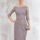 Liana Sheath/Column Scoop Neck Knee-Length Satin Lace Mother of the Bride Dress With Beading Bow(s) DL126P0014727