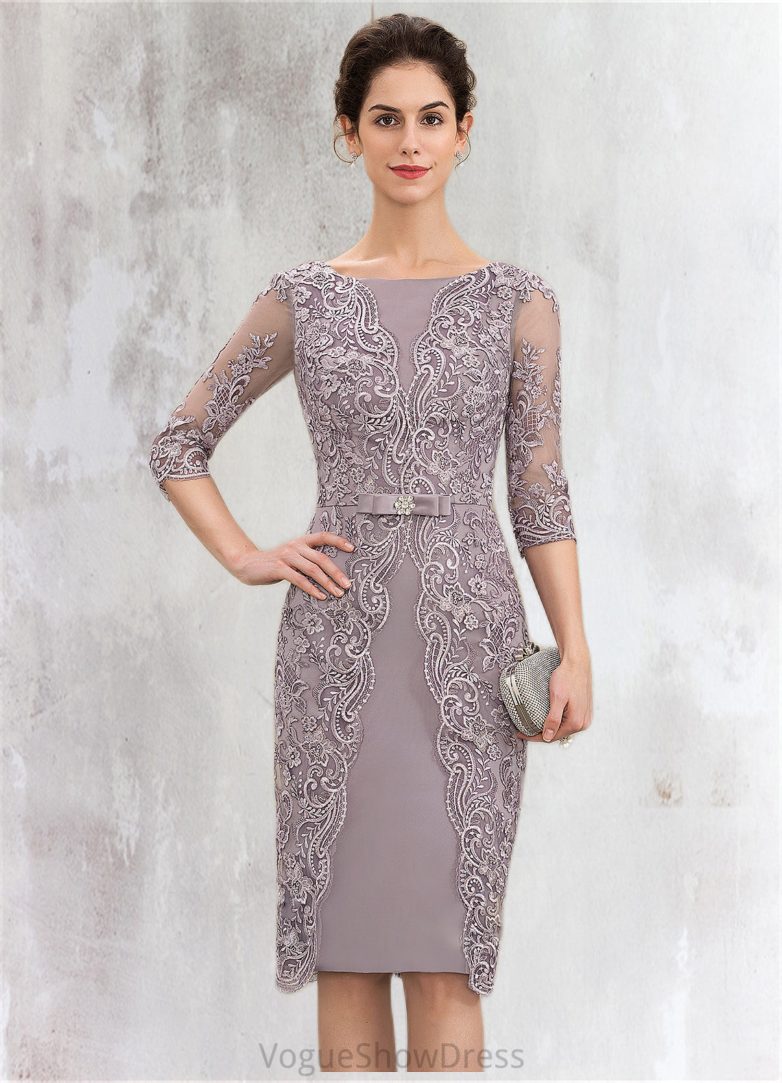 Liana Sheath/Column Scoop Neck Knee-Length Satin Lace Mother of the Bride Dress With Beading Bow(s) DL126P0014727