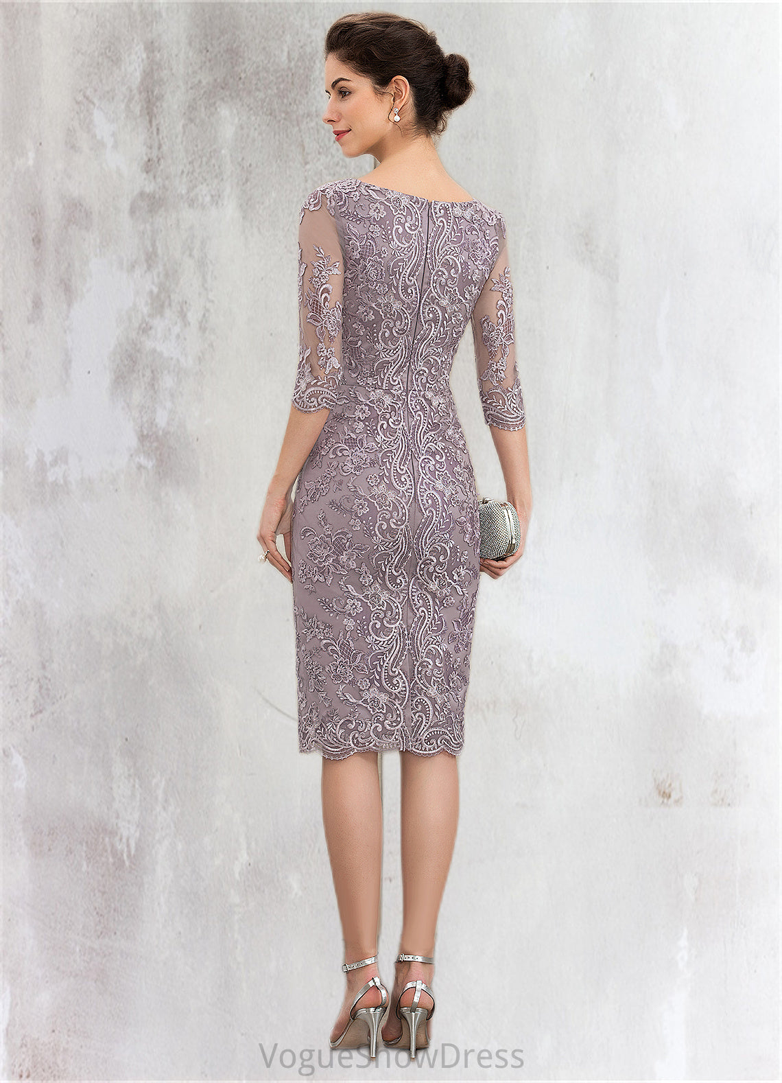 Liana Sheath/Column Scoop Neck Knee-Length Satin Lace Mother of the Bride Dress With Beading Bow(s) DL126P0014727