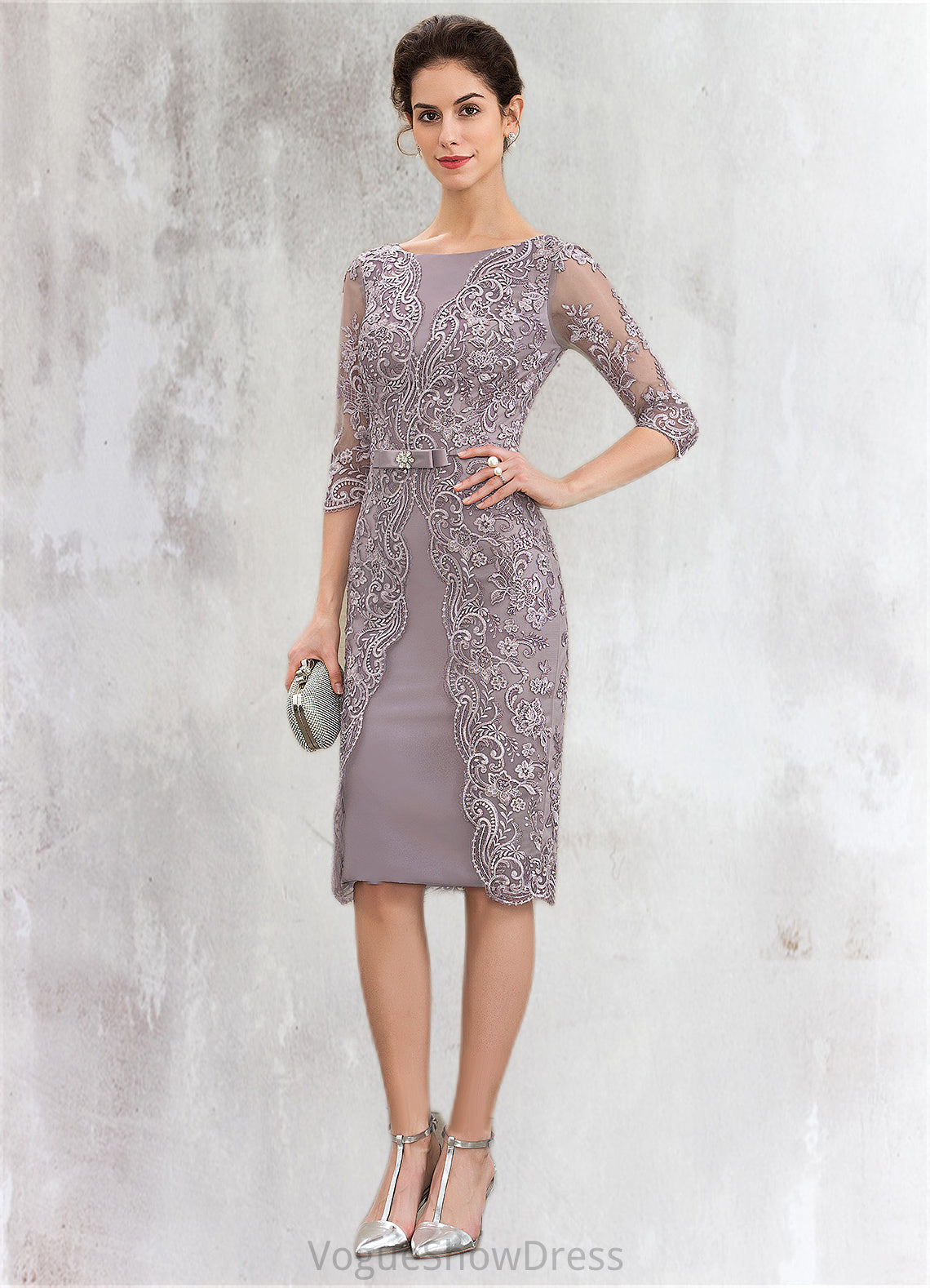 Liana Sheath/Column Scoop Neck Knee-Length Satin Lace Mother of the Bride Dress With Beading Bow(s) DL126P0014727