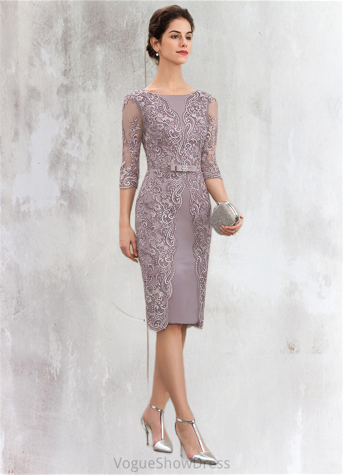 Liana Sheath/Column Scoop Neck Knee-Length Satin Lace Mother of the Bride Dress With Beading Bow(s) DL126P0014727