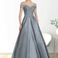 Kinsley A-Line V-neck Floor-Length Satin Lace Mother of the Bride Dress With Beading Sequins DL126P0014730