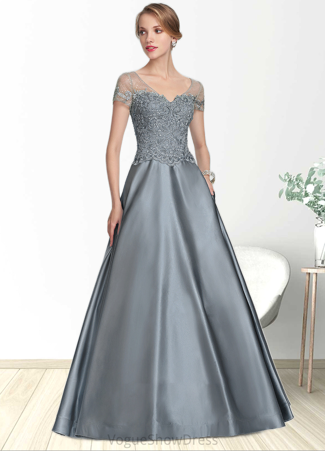 Kinsley A-Line V-neck Floor-Length Satin Lace Mother of the Bride Dress With Beading Sequins DL126P0014730