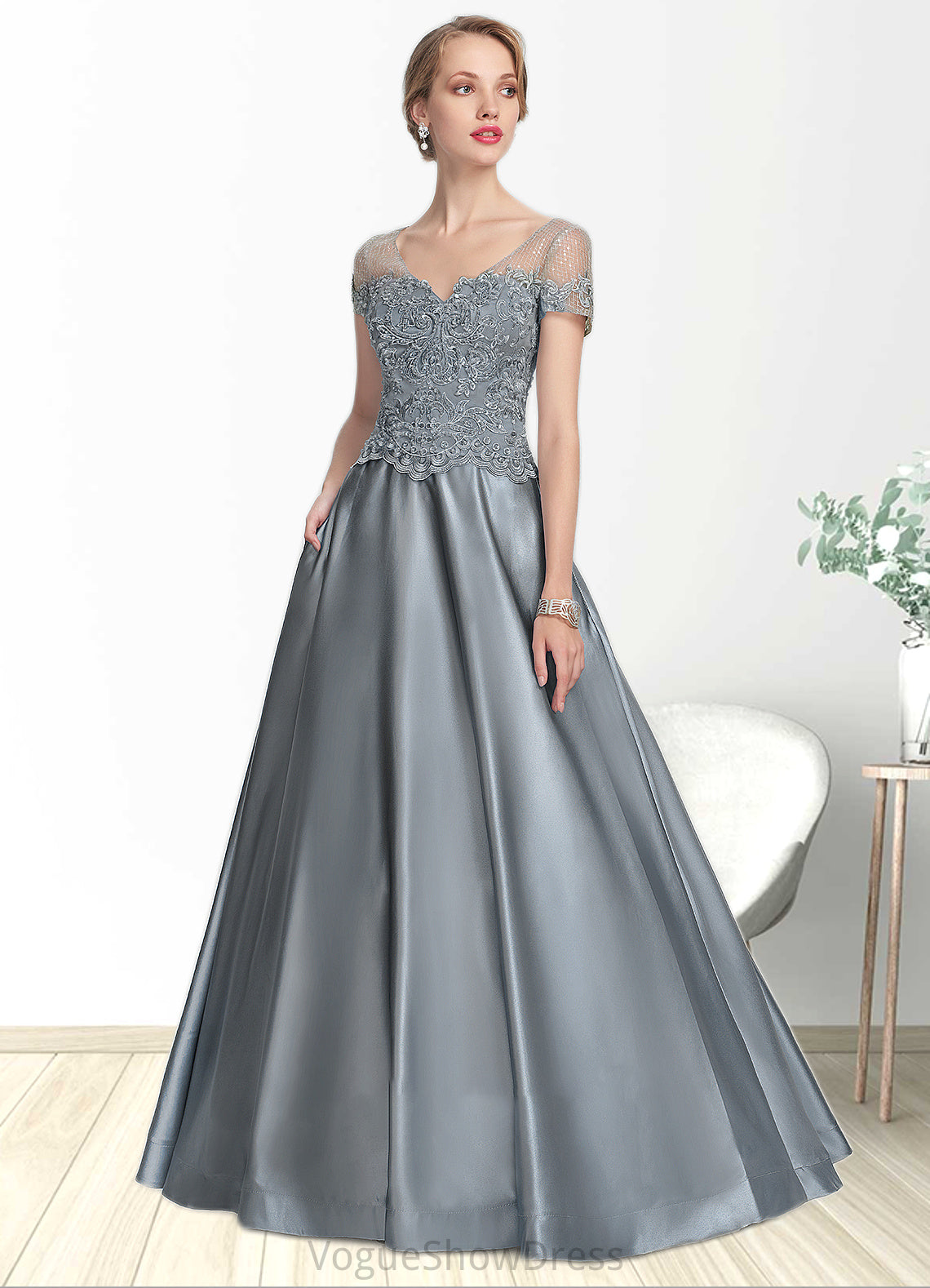 Kinsley A-Line V-neck Floor-Length Satin Lace Mother of the Bride Dress With Beading Sequins DL126P0014730