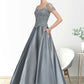 Kinsley A-Line V-neck Floor-Length Satin Lace Mother of the Bride Dress With Beading Sequins DL126P0014730