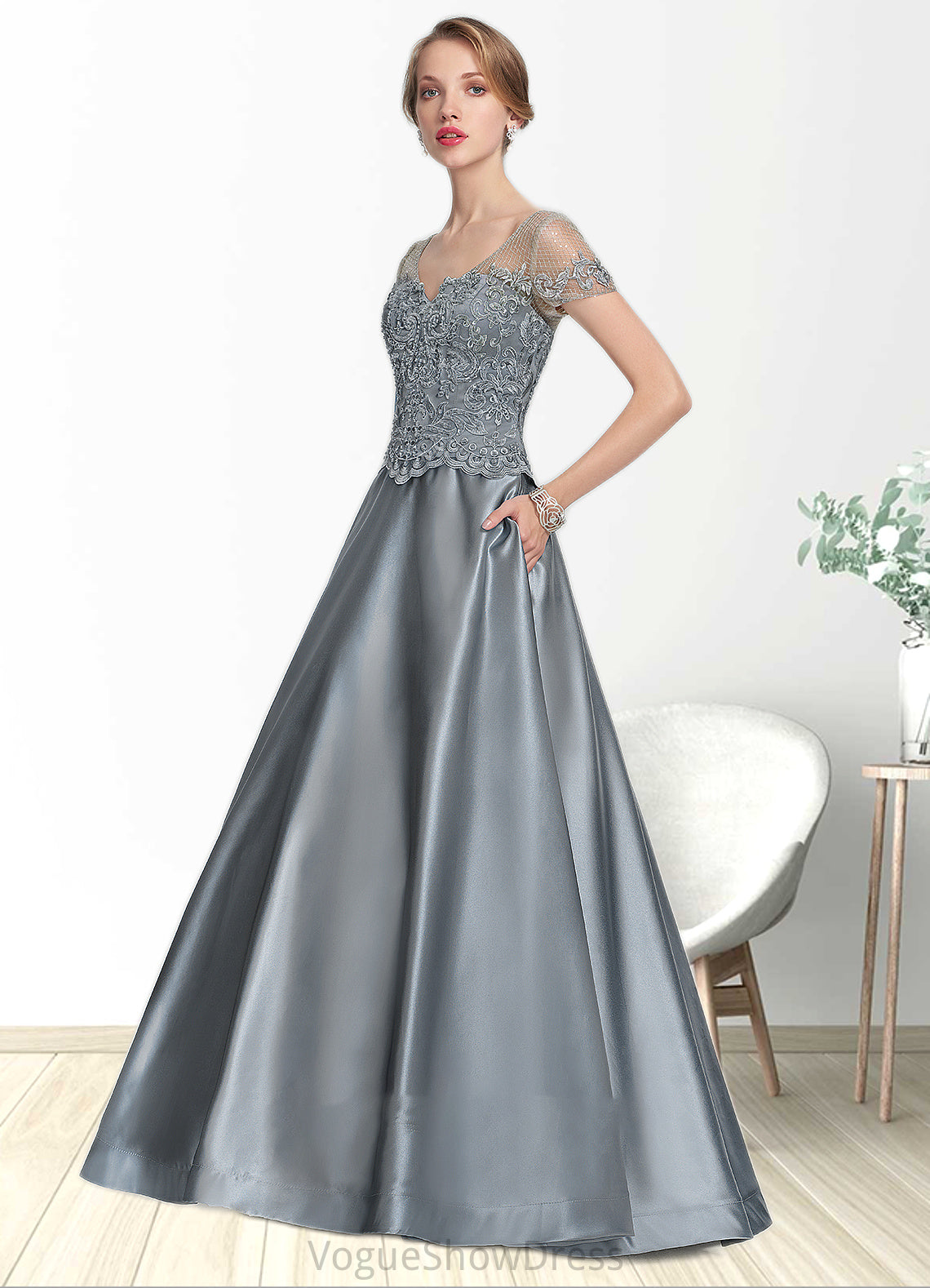 Kinsley A-Line V-neck Floor-Length Satin Lace Mother of the Bride Dress With Beading Sequins DL126P0014730