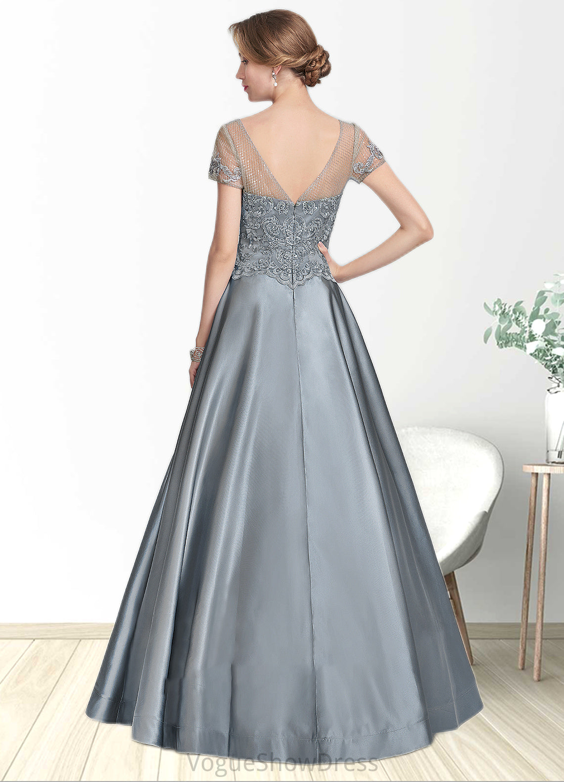 Kinsley A-Line V-neck Floor-Length Satin Lace Mother of the Bride Dress With Beading Sequins DL126P0014730