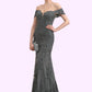 Lindsay Trumpet/Mermaid Off-the-Shoulder Floor-Length Tulle Lace Mother of the Bride Dress With Sequins DL126P0014731