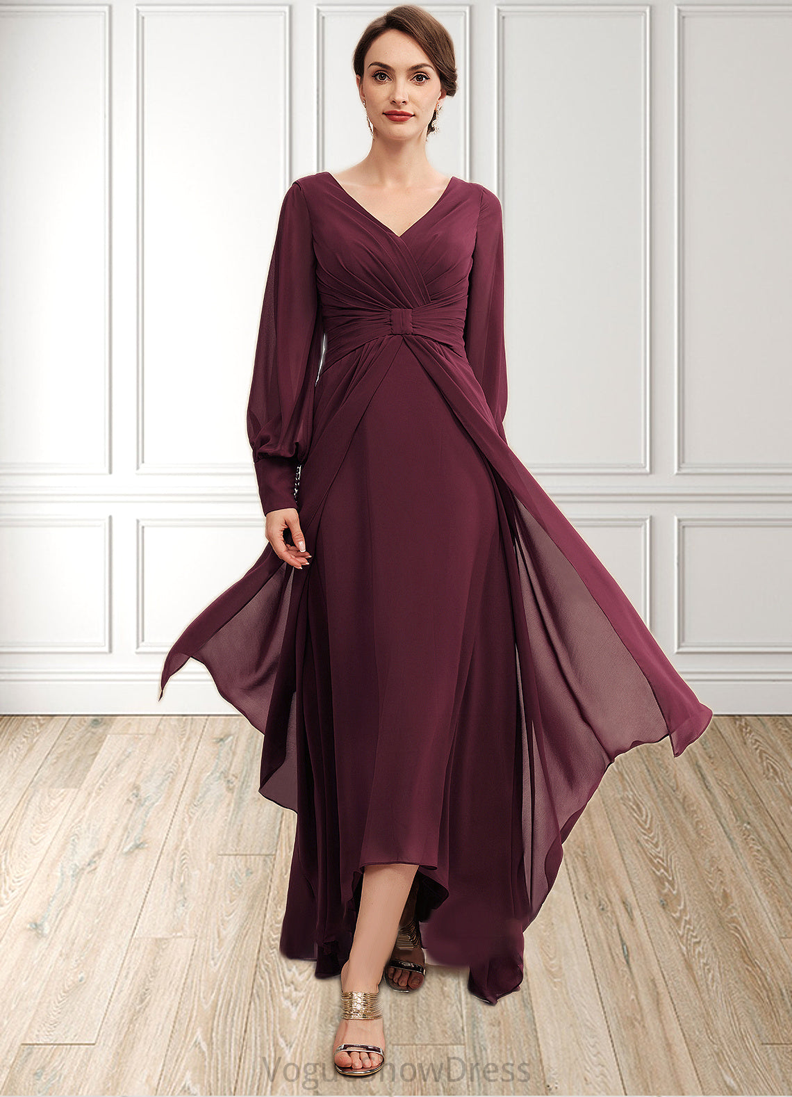 Kaylah A-Line V-neck Asymmetrical Chiffon Mother of the Bride Dress With Ruffle DL126P0014732